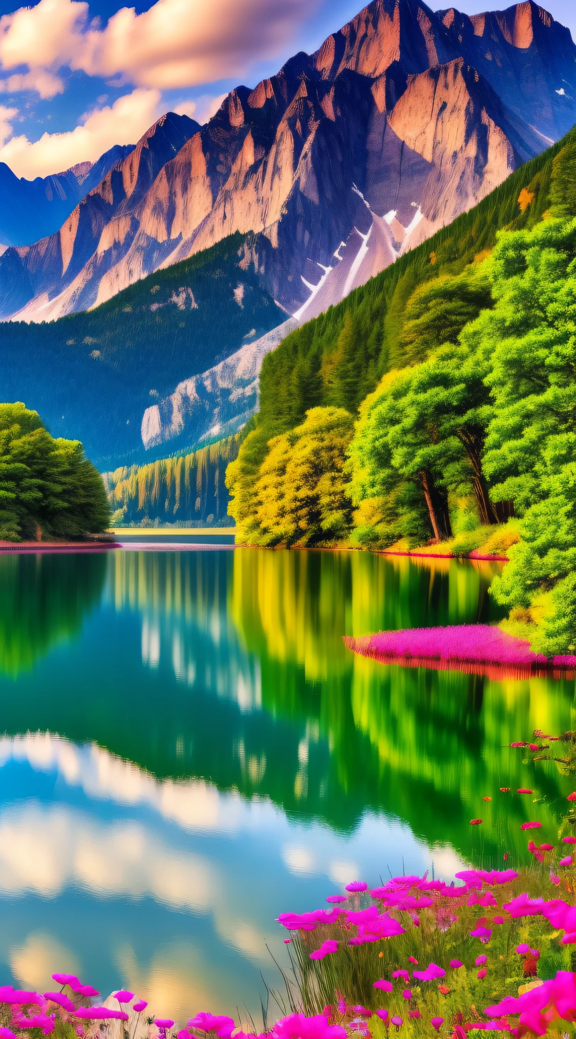 A beautiful mountain lake with flowers and trees in the foreground ...