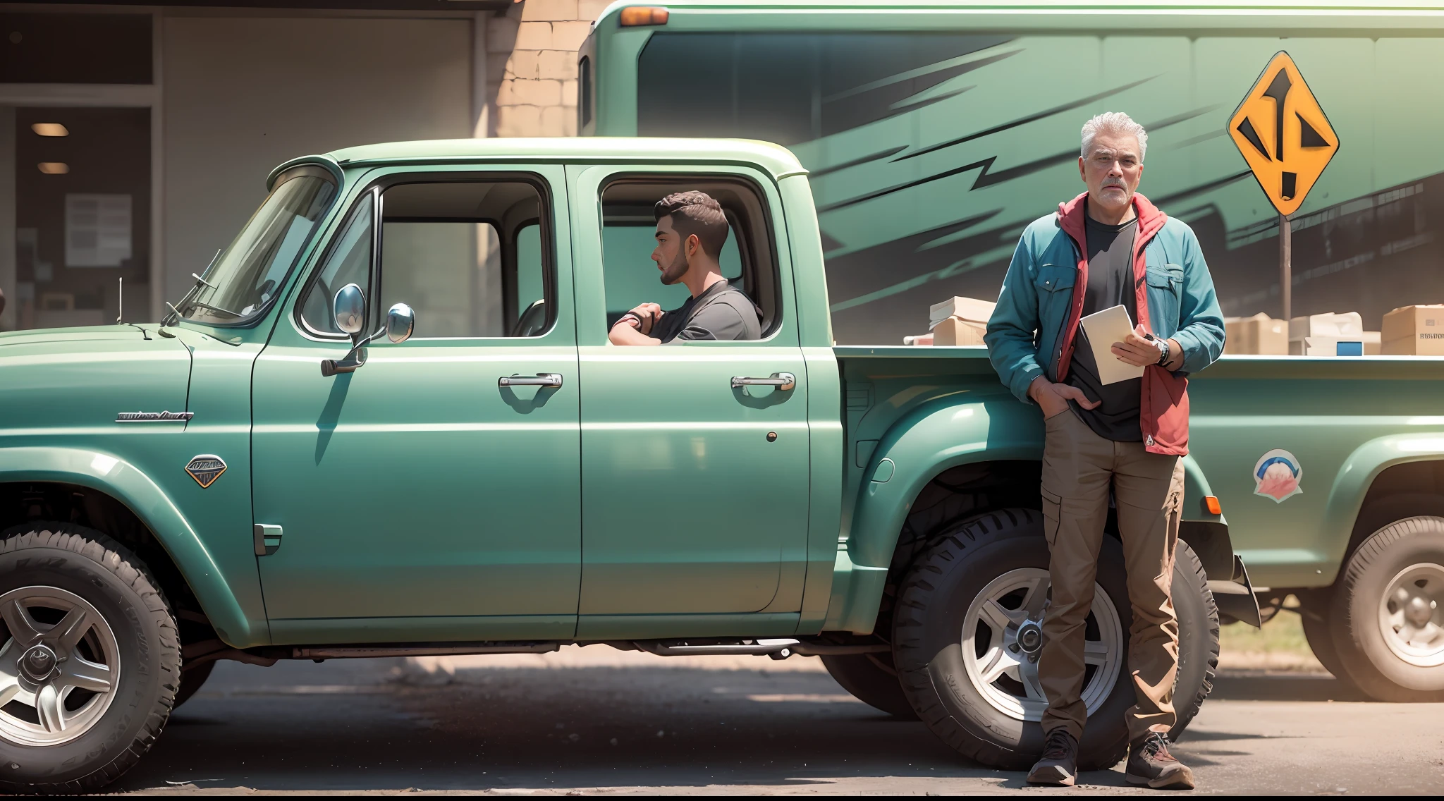 A young man stood next to a pickup truck full of supplies, and a middle-aged man, with a surprised and puzzled expression, stood next to the young man, all over, far away