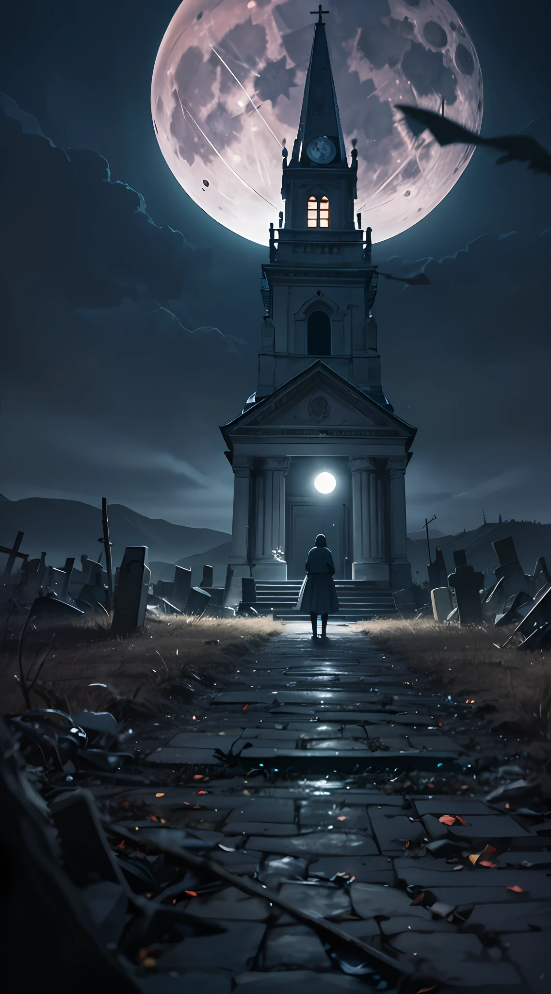 Under the full moon, A church, a dead tree, and a graveyard under a full moon with human clothes scattered around as they transform into werewolves, A dark and eerie landscape with a full moon illuminating the scene, A mysterious and suspenseful atmosphere, Photography, A realistic photograph taken with a wide-angle lens, --ar 16:9 --q 1 --stop 100 --stylize 250