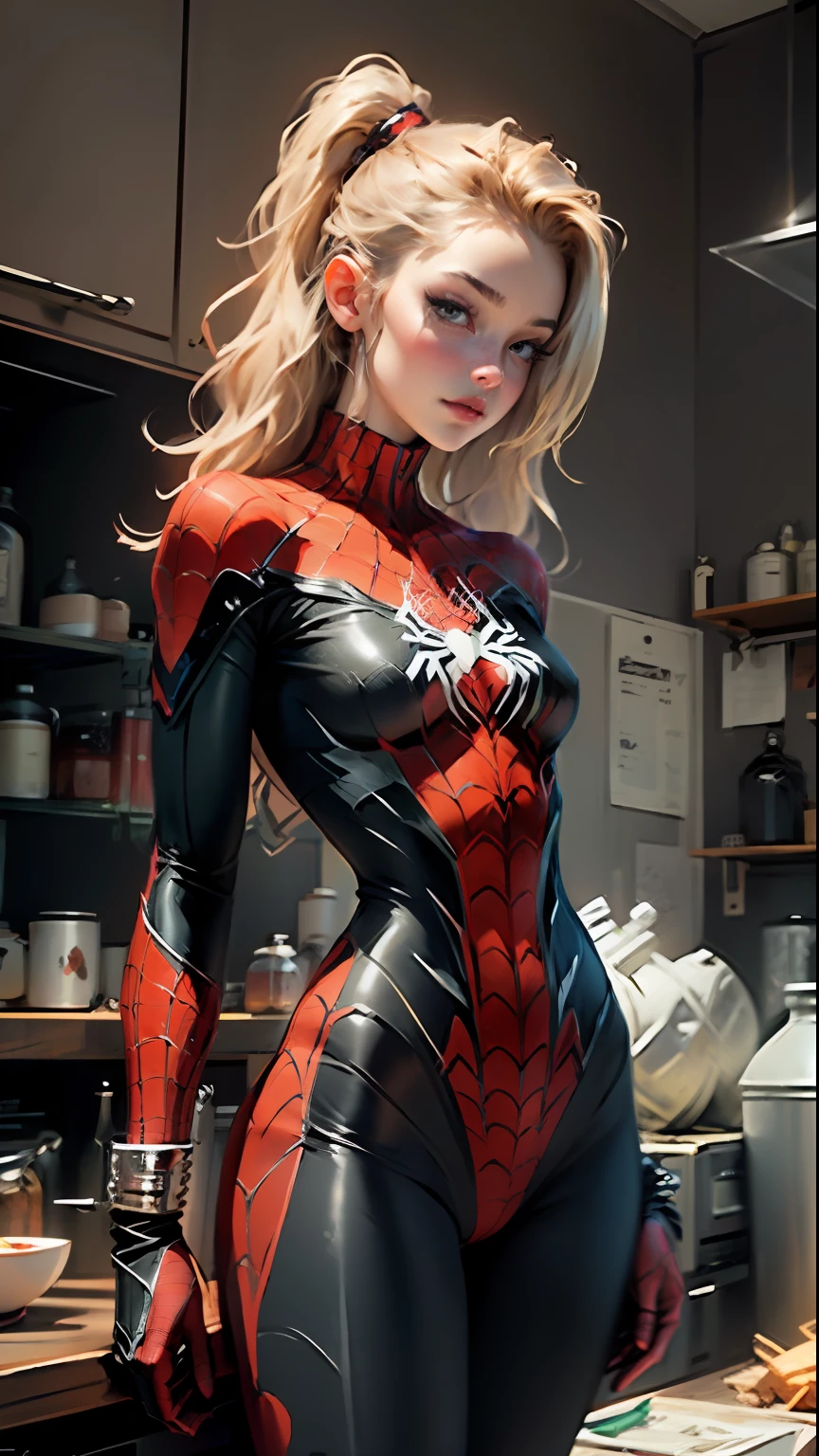 Beautiful woman detailed defined body using spider man cosplay, small breasts