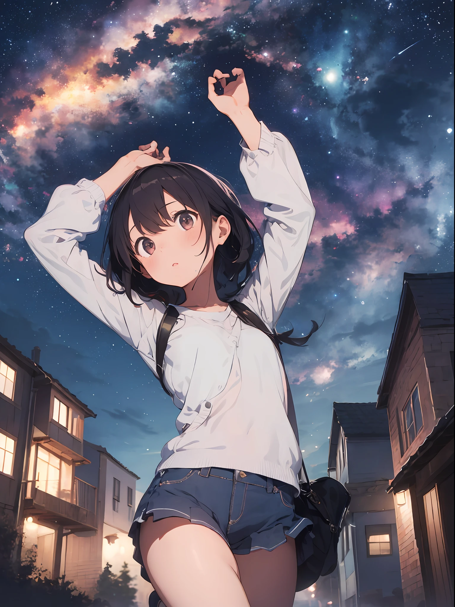 1 girl, stretching out her hands, sky, night, looking up, staring at the viewer,