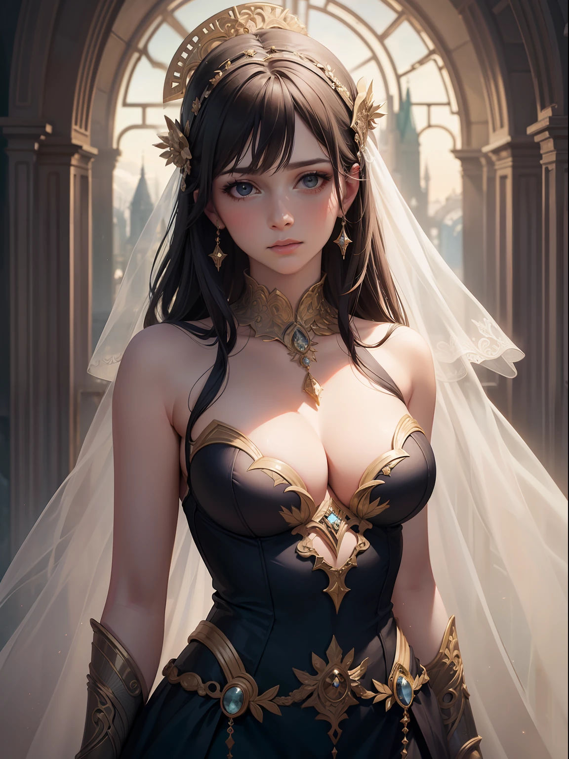 A breathtakingly realistic portrayal of a woman with ethereal beauty set against the backdrop of a divine and fantastical world, with an exquisitely detailed background that immerses the viewer in its enchanting atmosphere.