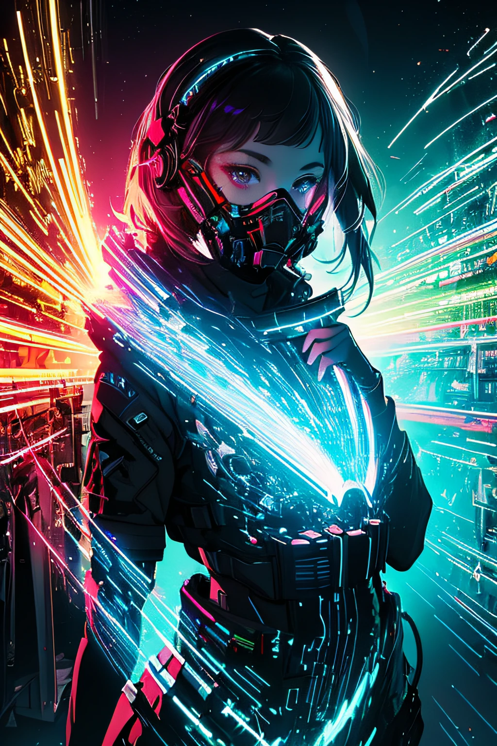 (masterpiece, top quality, best quality, official art, beautiful and aesthetic:1.2), light painting, dynamic streaks, vibrant colors,captivating patterns, creative experimentation, luminous trails,
1girl, mask,
global illumination, extreme detailed,(science fiction:1.3),colorful,highest detailed,cinematic light,(cowboy shot:1.2),