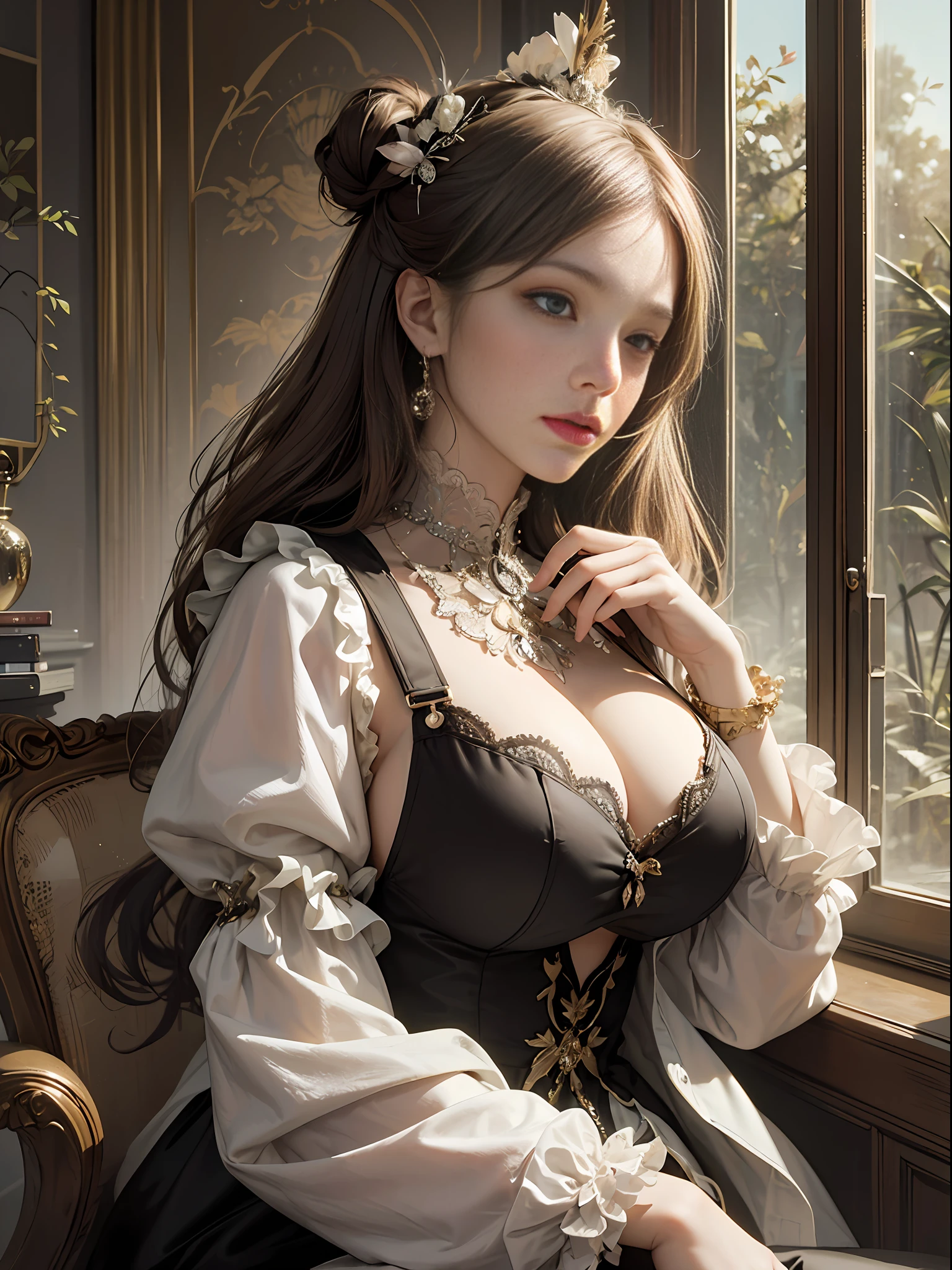 (Pure Color: 0.9), (Color: 1.1), (Masterpiece: 1,2), Top Quality, Masterpiece, High Resolution, Original, Highly Detailed Wallpaper, Beauty, Victorian, Dress, Melancholy, Big Breasts, Sepia Color, 40 years old --auto --s2