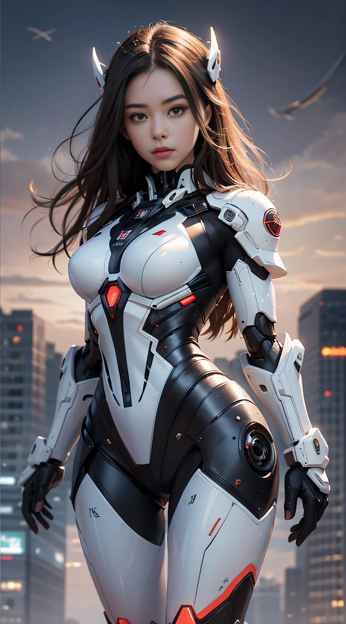 A girl looking at the audience, brunette hair, long hair, mechanical, high detail, futuristic, realism, (full body: 1.5), UHD, masterpiece, anatomically correct, super detail, best quality, high resolution, 8k, HD, white mecha, high-tech mecha, (full body: 1.5), frontal, perfect facial proportions, upright body, beautiful eyes, perfect face, detailed face, elegant, simple background, epic realism, cinematic lighting,