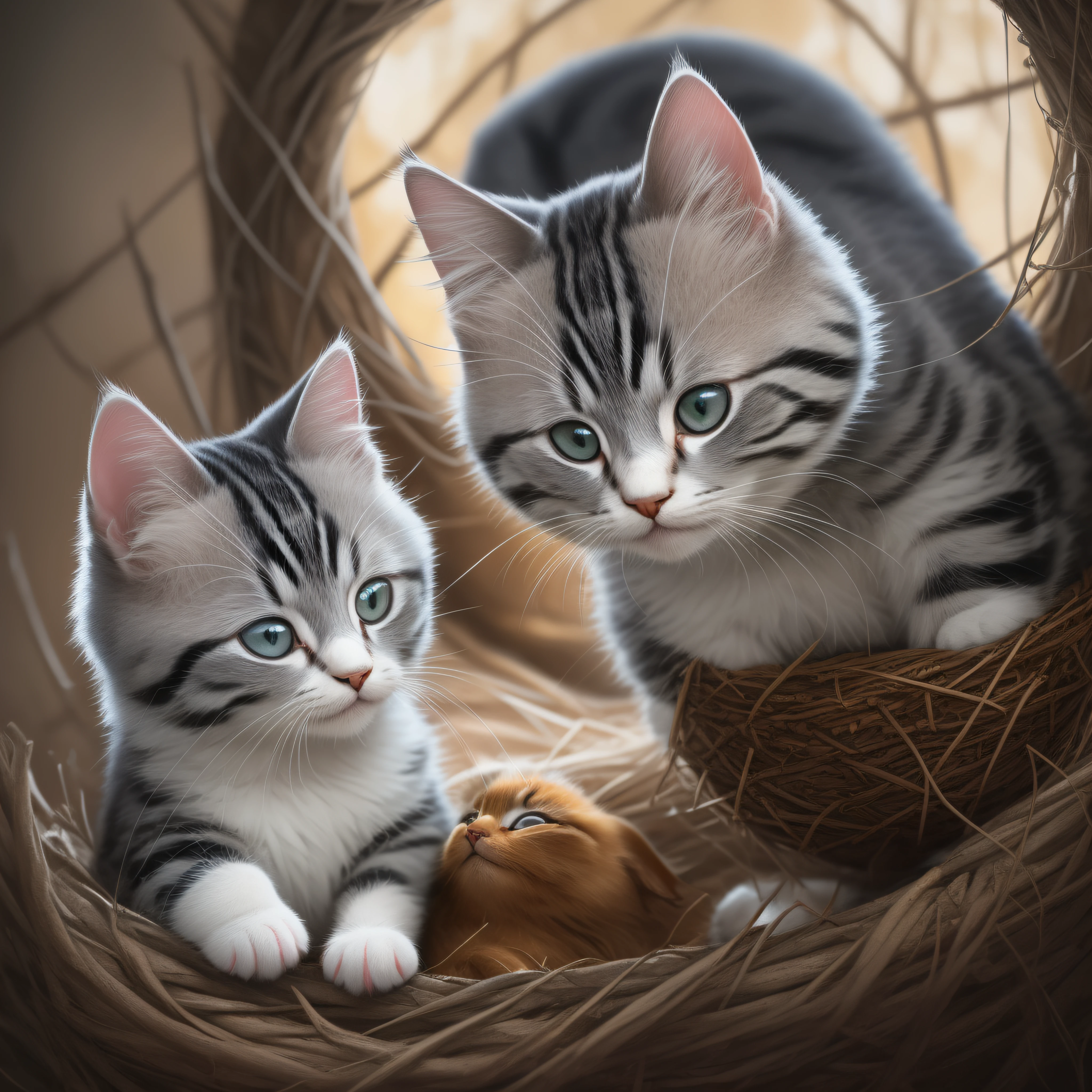 Gray and white siberian kitten, kitten sleeping in a bird's nest, summer in Japan, Failure to draw eyes is unacceptable, ultra hd 8k, concept art portrait by Greg Rutkowski, artgerm, hyperdetailed, intricately detailed, triadic colours, fantastical, intricate detail, splash screen, complementary color, 8k resolution, oil painting, heavy strokes, soft lighting, film photography, analogue photography, film grain, hyperrealism,