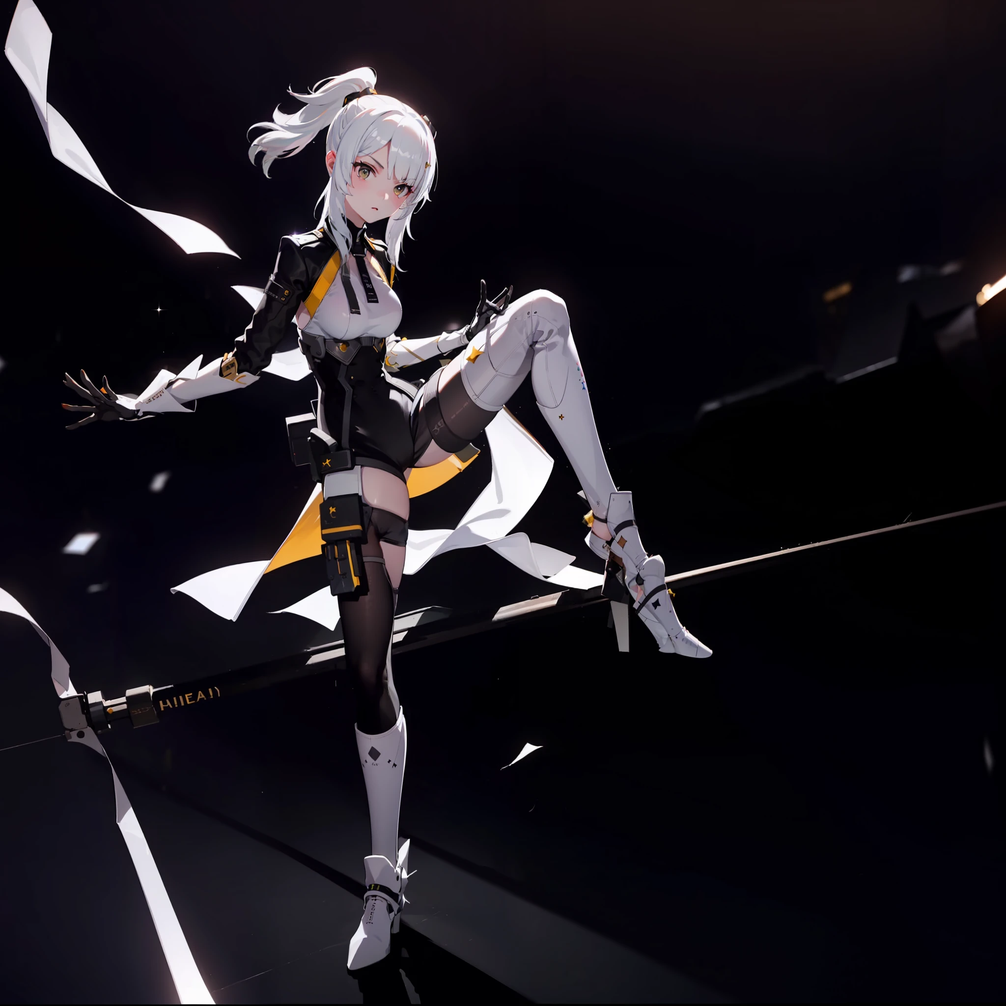 Stars shining in the background, a girl, holding her legs.