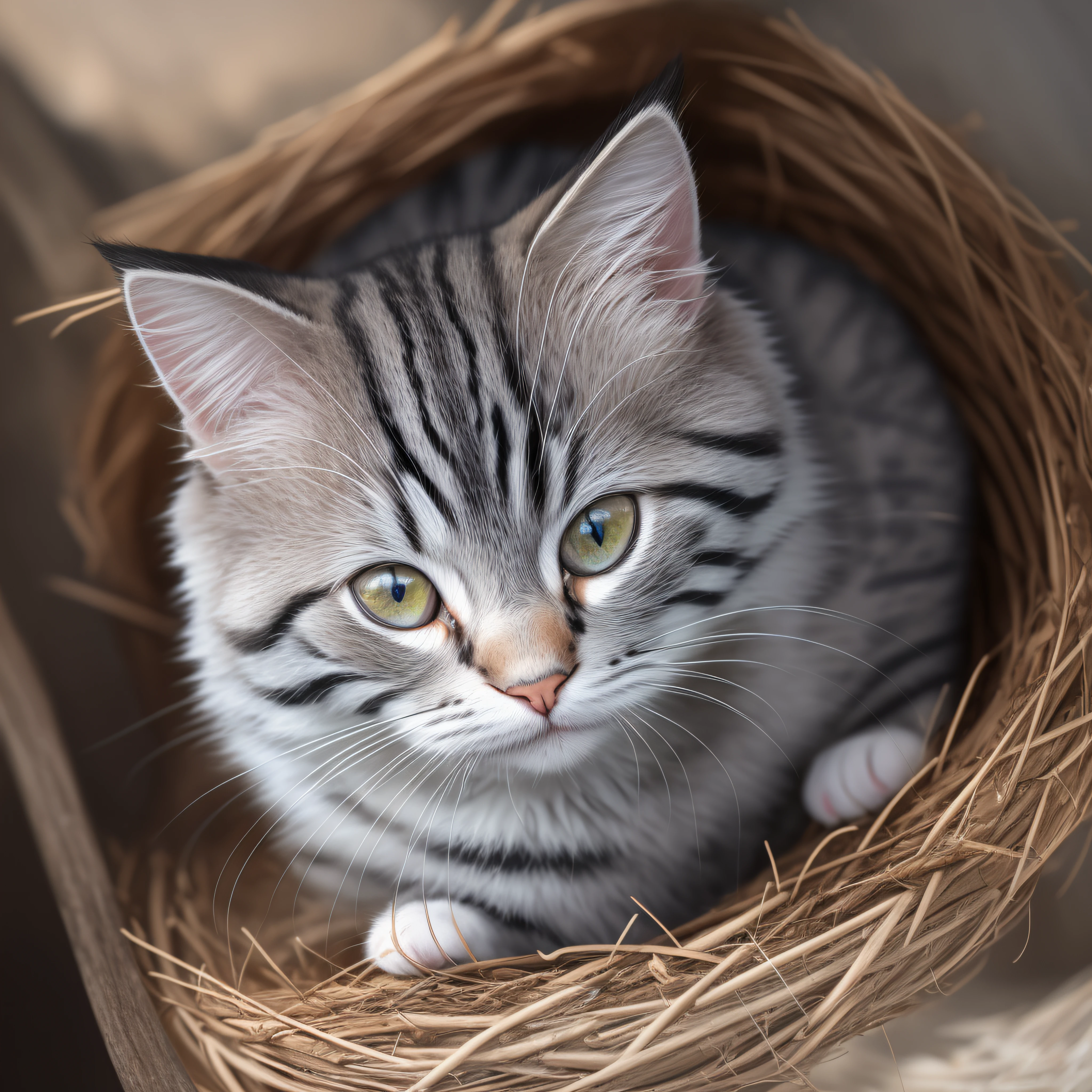 Gray and white siberian kitten, kitten sleeping in a bird's nest, summer in Japan, Failure to draw eyes is unacceptable, ultra hd 8k, concept art portrait by Greg Rutkowski, artgerm, hyperdetailed, intricately detailed, triadic colours, fantastical, intricate detail, splash screen, complementary color, 8k resolution, oil painting, heavy strokes, soft lighting, film photography, analogue photography, film grain, hyperrealism,