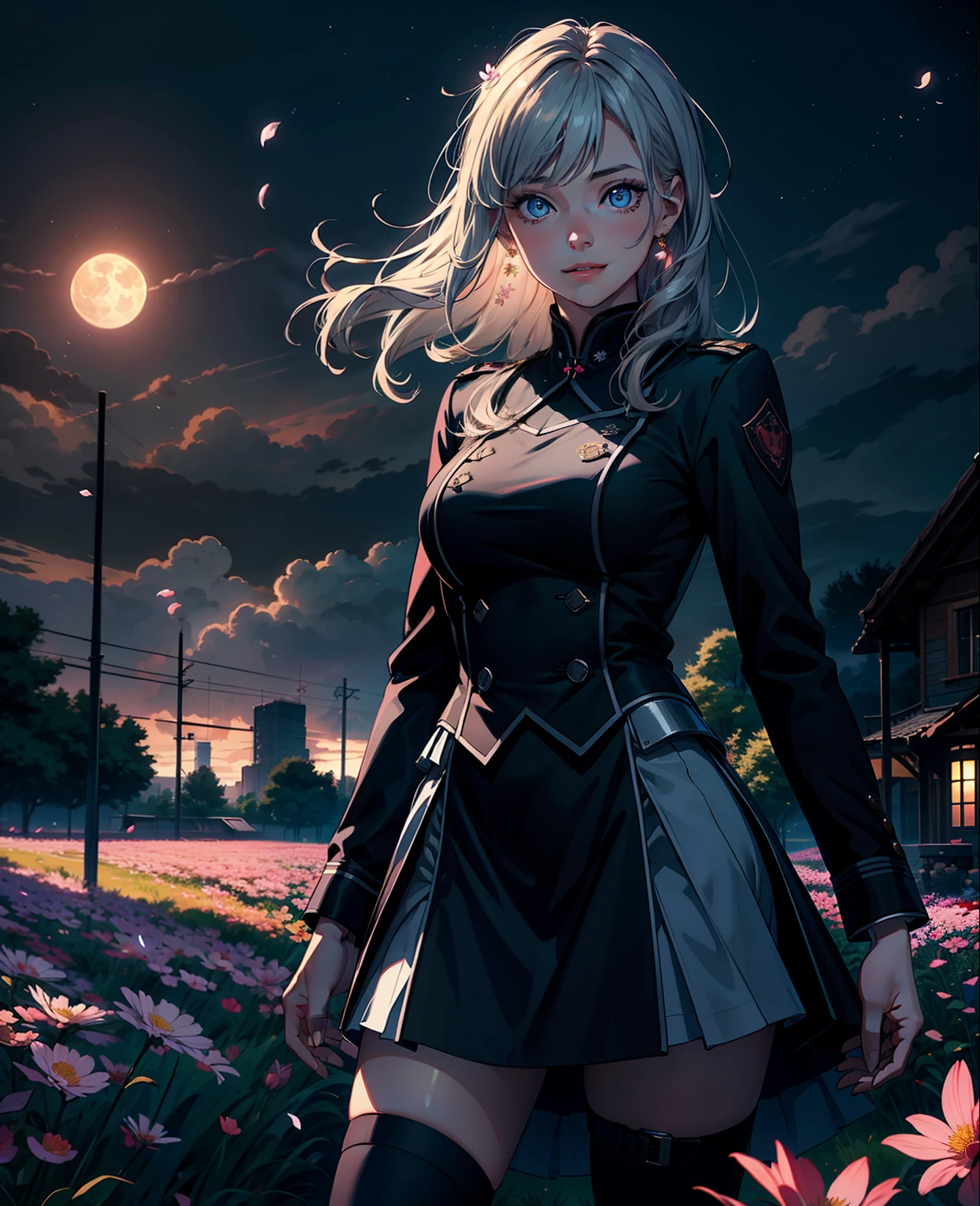 Masterpiece, best quality, 1girl, (color), (delicate beautiful eyes and delicate face), cinematic lighting, bust, very detailed CG uniform 8k wallpaper, gray hair, long hair, solo, smile, complex skirt, ((flying petals)), (Flowery meadow) sky, cloudy_sky, building, moonlight, moon, night, (dark theme:1.3), light, fantasy,