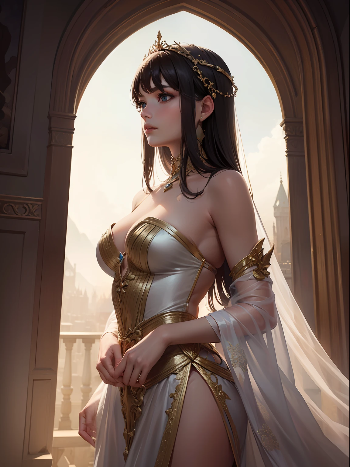 A breathtakingly realistic portrayal of a woman with ethereal beauty set against the backdrop of a divine and fantastical world, with an exquisitely detailed background that immerses the viewer in its enchanting atmosphere.