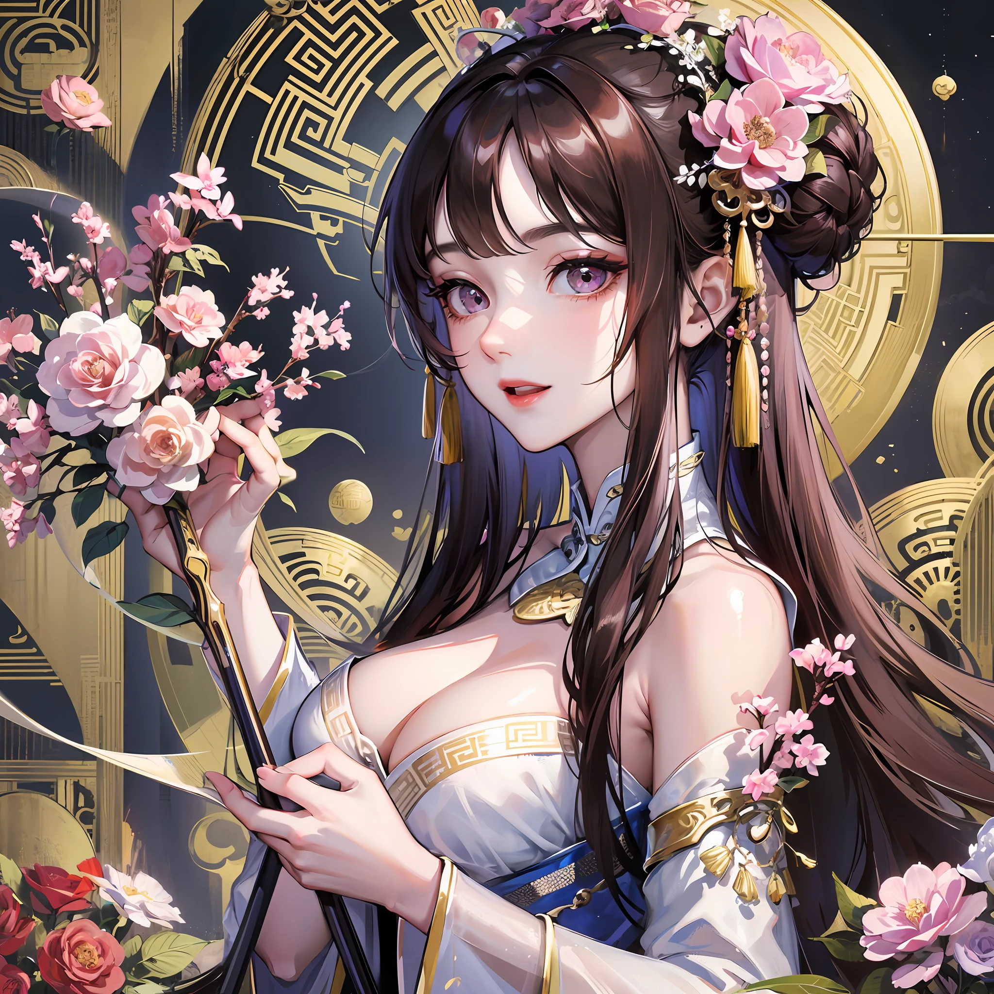 Masterpiece, Superb Style, Night, Full Moon, 1 Girl, Mature Woman, Chinese Style, Antique Chinese, Sister, Royal Sister, Smile, Brunette Hair, Updo, Pale Pink Lips, Calm, Intellectual, Princess Scissors, Hairpins, Hair Flowers, Detailed Facial Details, Detailed Eyes, Full Body --auto --s2