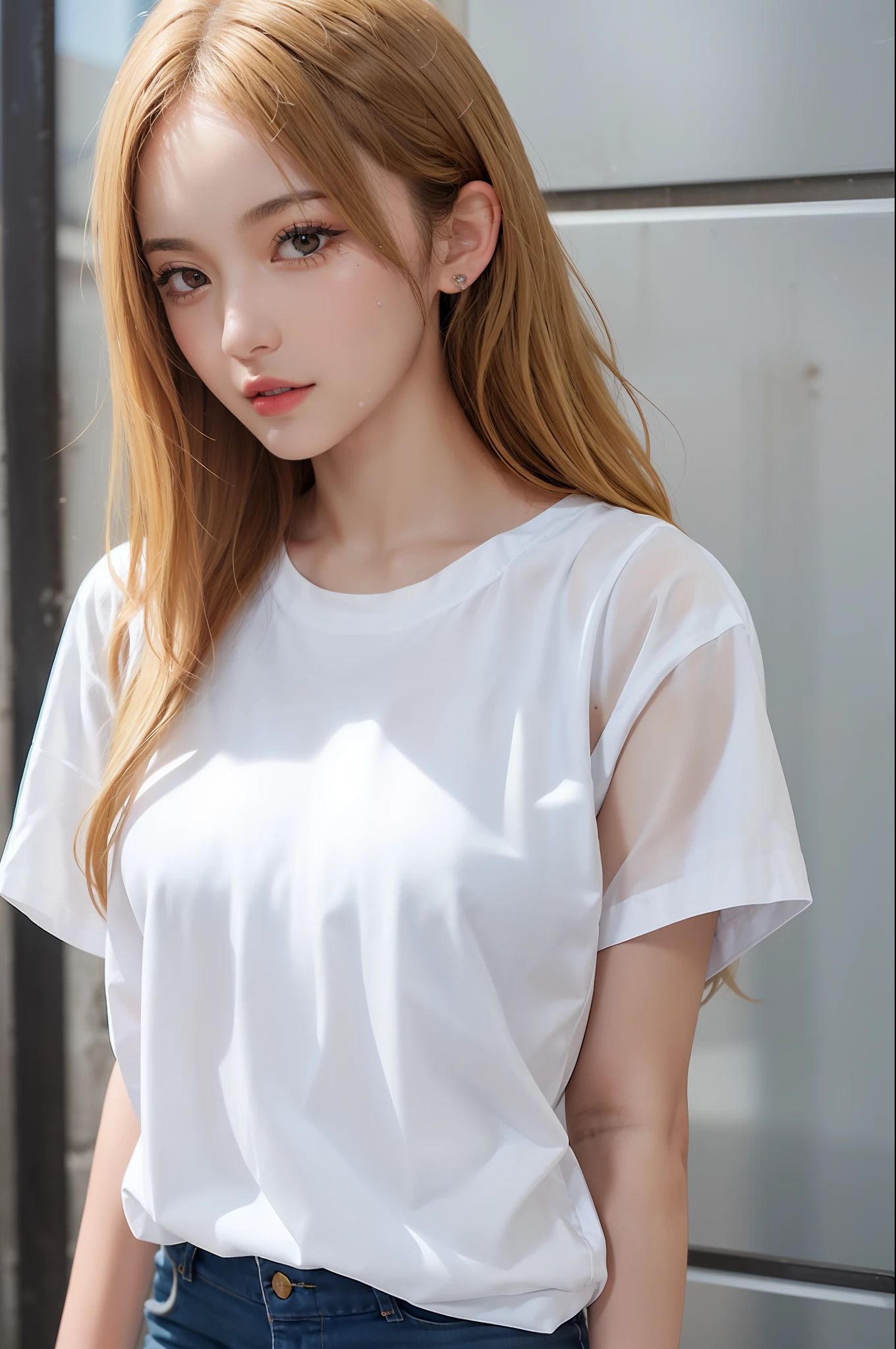(1girl), small, breasts, tan, dewy skin, sweaty skin, wavy blonde hair, punk t-shirt, punk girl