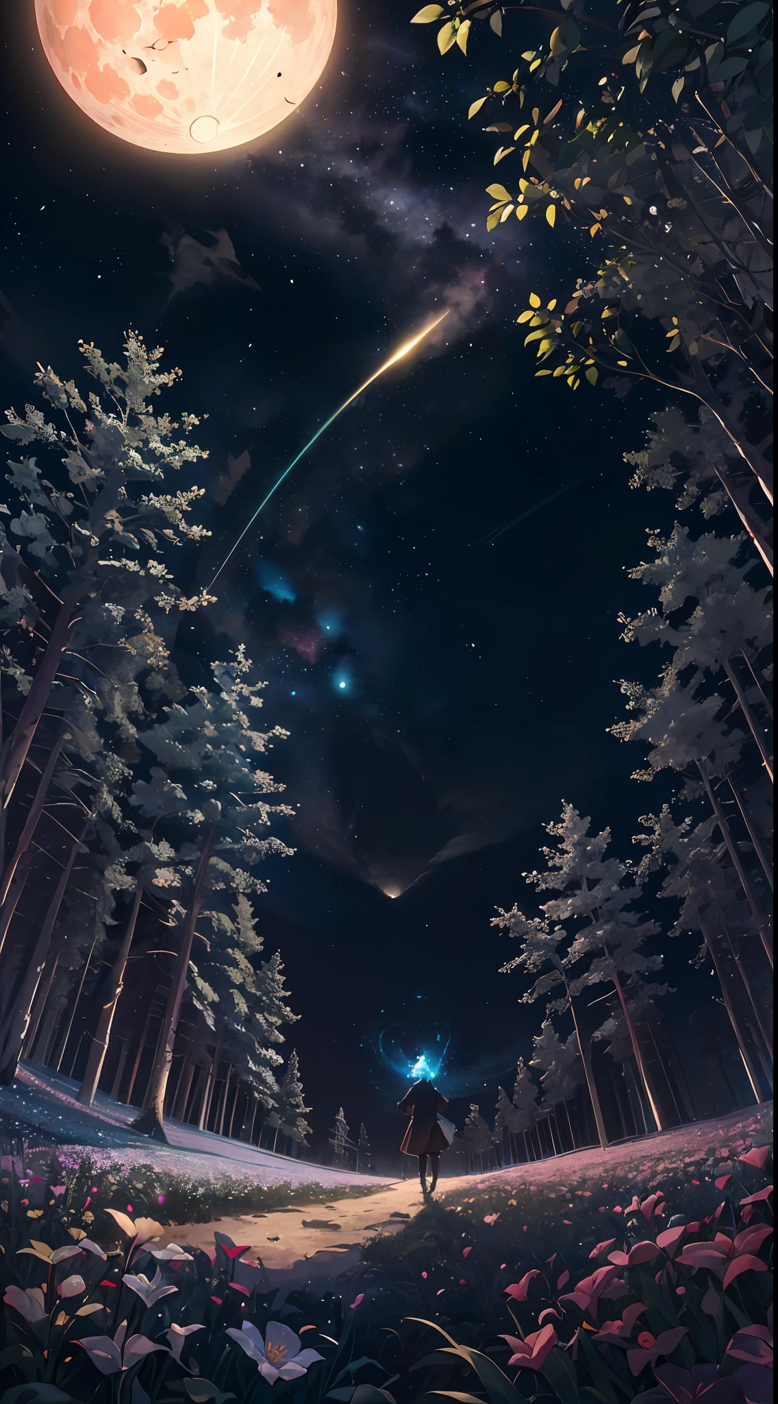 Photos of vast landscapes, (seen from below, sky and forest below), standing in a flower field looking up, (Full Moon: 1.2), (Meteor: 0.9), (Nebula: 1.3), Distant Mountains, Tree Breaking Making Art, (Warm Light Source: 1.2), (Firefly: 1.2), Lights, Cyan and Orange, Intricate Details, Volumetric Lighting, Realism Rest (Masterpiece: 1.2) (Best Quality), 4K, Ultra Delicate, (Dynamic configuration: 1.4), High detail and colorful details, (Iridescent colors: 1.2), (Glow lighting, atmospheric lighting), Dreamy, magical, (Solo: 1.2)