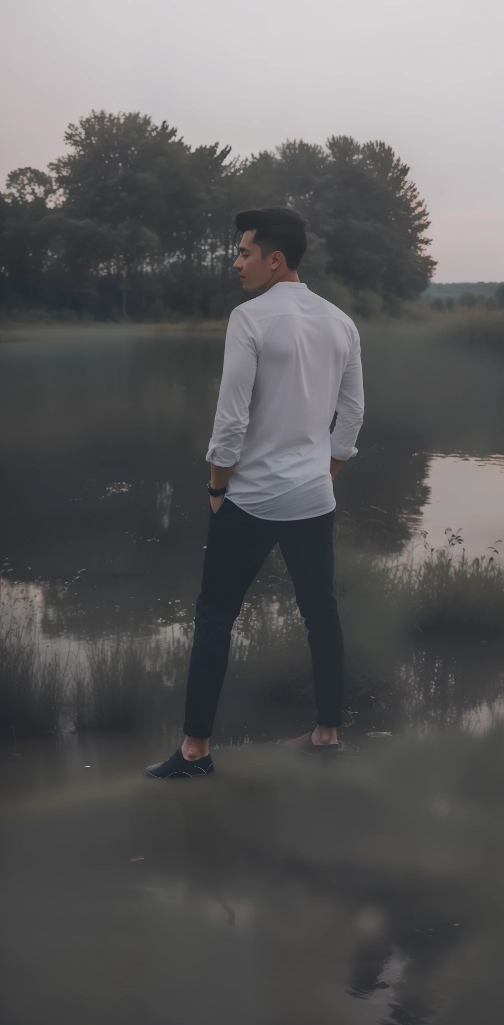 there is a man standing on the grass by the water, standing next to water, standing on the water ground, standing in a pond, standing in a lake, distant full body shot, near a lake, candid picture, casual photography, casual pose, standing on a rock, river in front of him, with a cool pose, distant full body view, cool pose