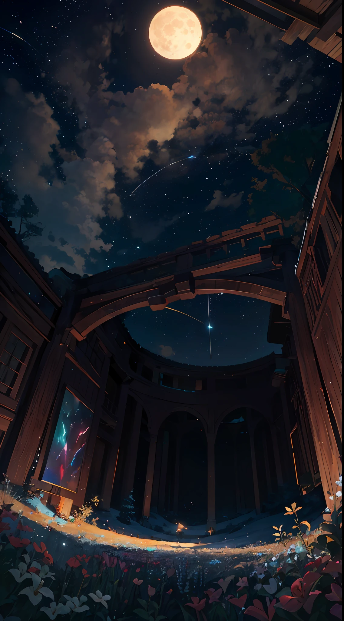 Photos of vast landscapes, (seen from below, sky and forest below), girl standing in a flower field looking up, (Full Moon: 1.2), (Meteor: 0.9), (Nebula: 1.3), Distant Mountains, Tree Breaking Making Art, (Warm Light Source: 1.2), (Firefly: 1.2), Lights, Cyan and Orange, Intricate Details, Volumetric Lighting, Realism Rest (Masterpiece: 1.2) (Best Quality), 4K, Ultra Delicate, (Dynamic configuration: 1.4), High detail and colorful details, (Iridescent colors: 1.2), (Glow lighting, atmospheric lighting), Dreamy, magical, (Solo: 1.2)