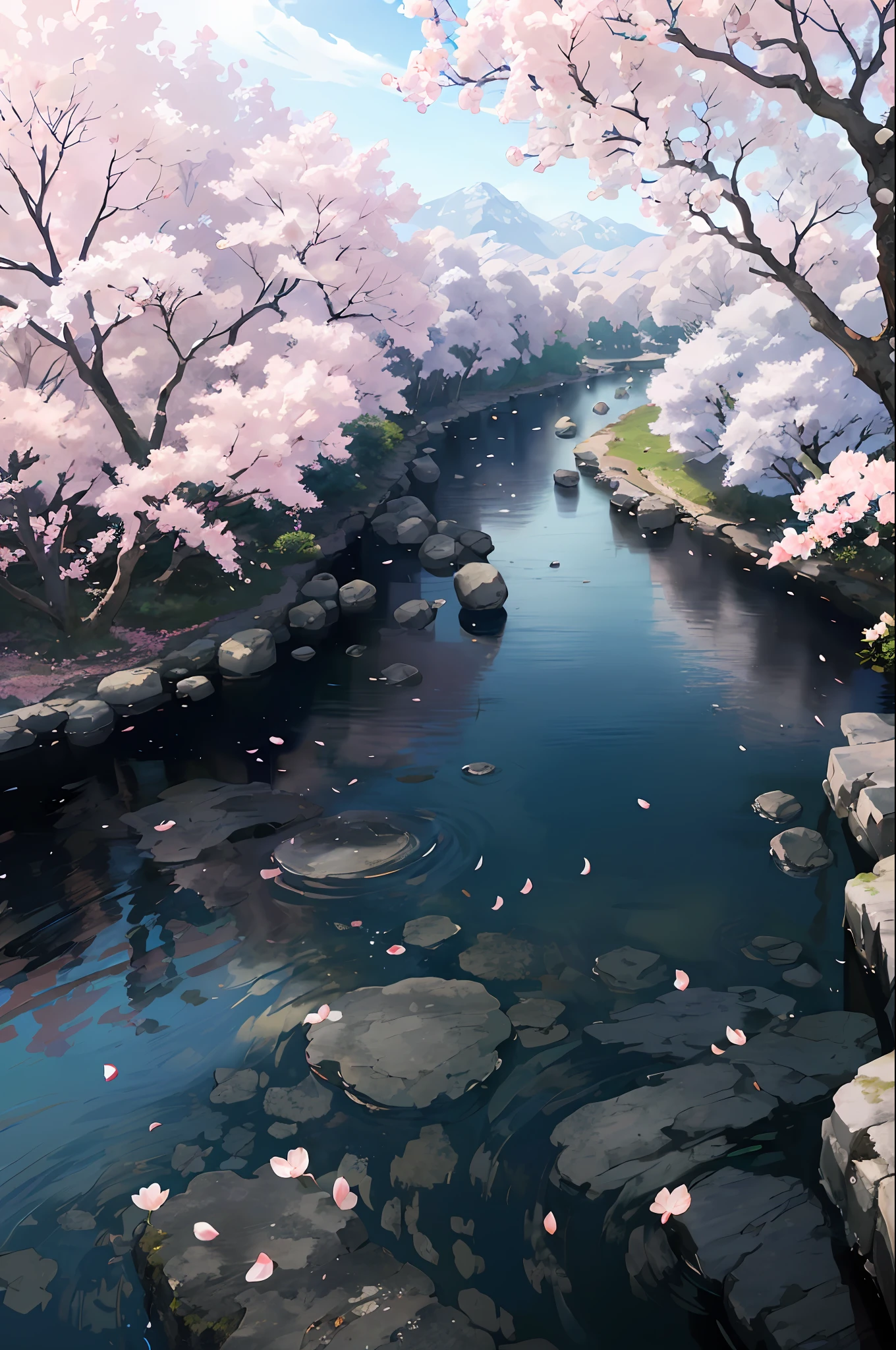 original,(illustration:1.1),(best quality),(masterpiece:1.1),(extremely detailed CG unity 8k wallpaper), (colorful:1.2), sakura tree, sakura petals,landscape,  river|road,