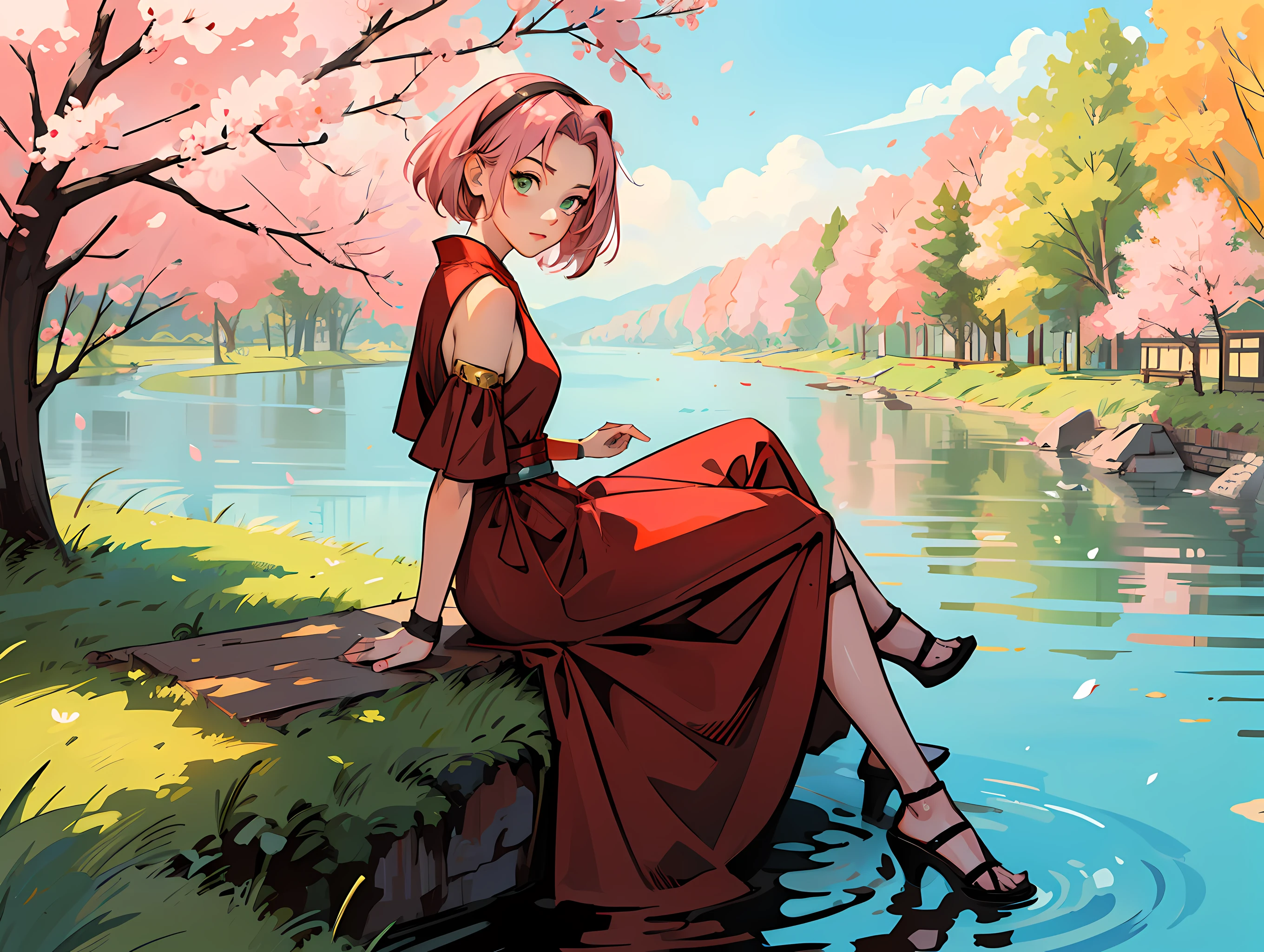 Illustration, line art, Line weight,1girl,haruno sakura,pink hair, green eyes,dark red dress, sitting beside river, golden ratio composition,sakura,shinobi headband,flat color,full body,