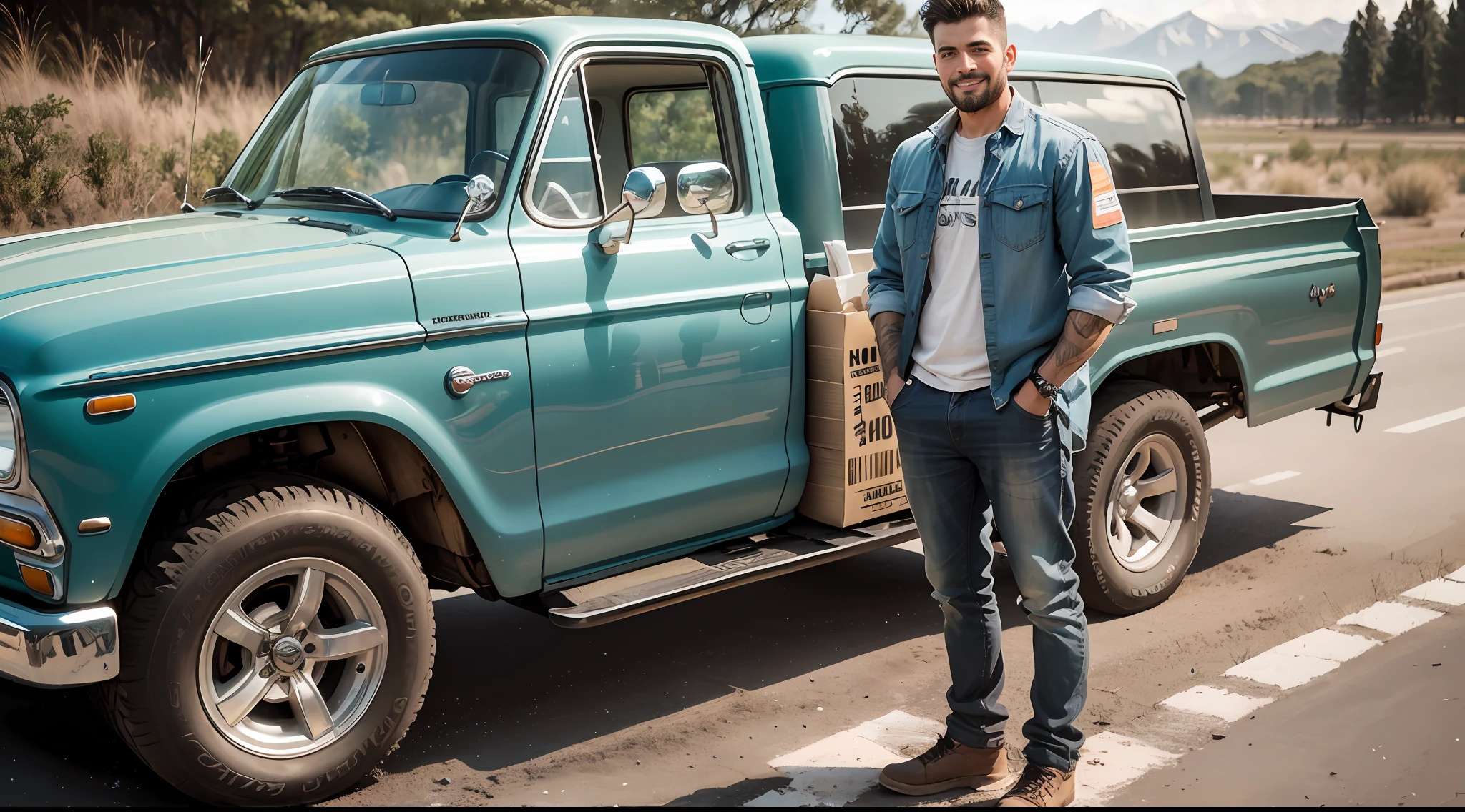 A young man stands next to a pickup truck full of supplies with a nervous expression, and a middle-aged man with a happy expression, full body, and a distant view