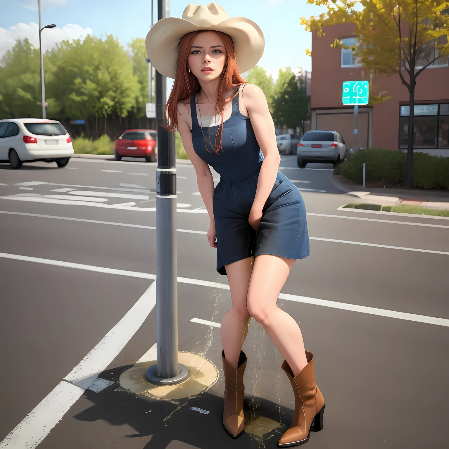 tanned redhead, girl, muscular legs, muscular calves, Strong legs, muscular hips, wide hips, Curvy hips, high-heeled cowboy boots, high heels, short summer dress, cowboy hat, Really wants to pee, waits at a traffic light, at a crowded pedestrian crossing, pees soon, wants to pee, desperately wants to pee, pee, pee, wants to urinate, cross-legged, Knees together, Clenched knees, Clenched hips, holding on to the crotch, urine flowing down the legs, a puddle of urine under the feet, Expression of shame on the face, bites the lower lip, full of bladder, terribly wants to go to the toilet, anatomically correct, realistic