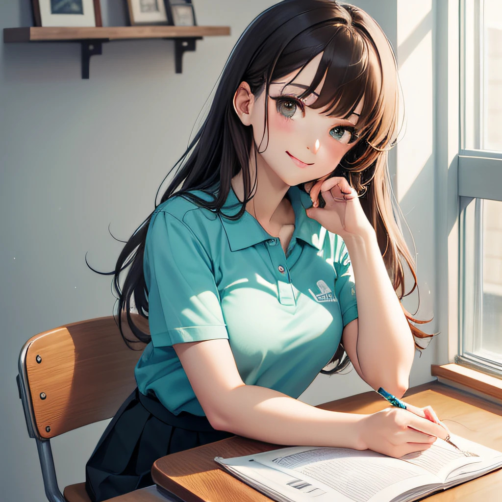 open mouse,looks active, anime girl sitting at desk with pen and paper, thinking pose, anime style, girl with black hair, long hair, 1 girl,17 years old,black hair,smile,amazing smile,happy,serious,chin up,black eyes,brown eyes,glowing eyes,turquoise polo shirt,plain polo shirt,turquoise polo shirt without lines,unmarked turquoise polo shirt, Black pleated skirt, skirt with a length that does not expose the knees, black pleated long skirt, looks fun, study sitting on a chair, study with a book on the desk, study with a pen, study with a pen, study with your hand on your chin, study with your chin raised, study sitting straight, full body, refreshing, healthy, anime style, best quality,