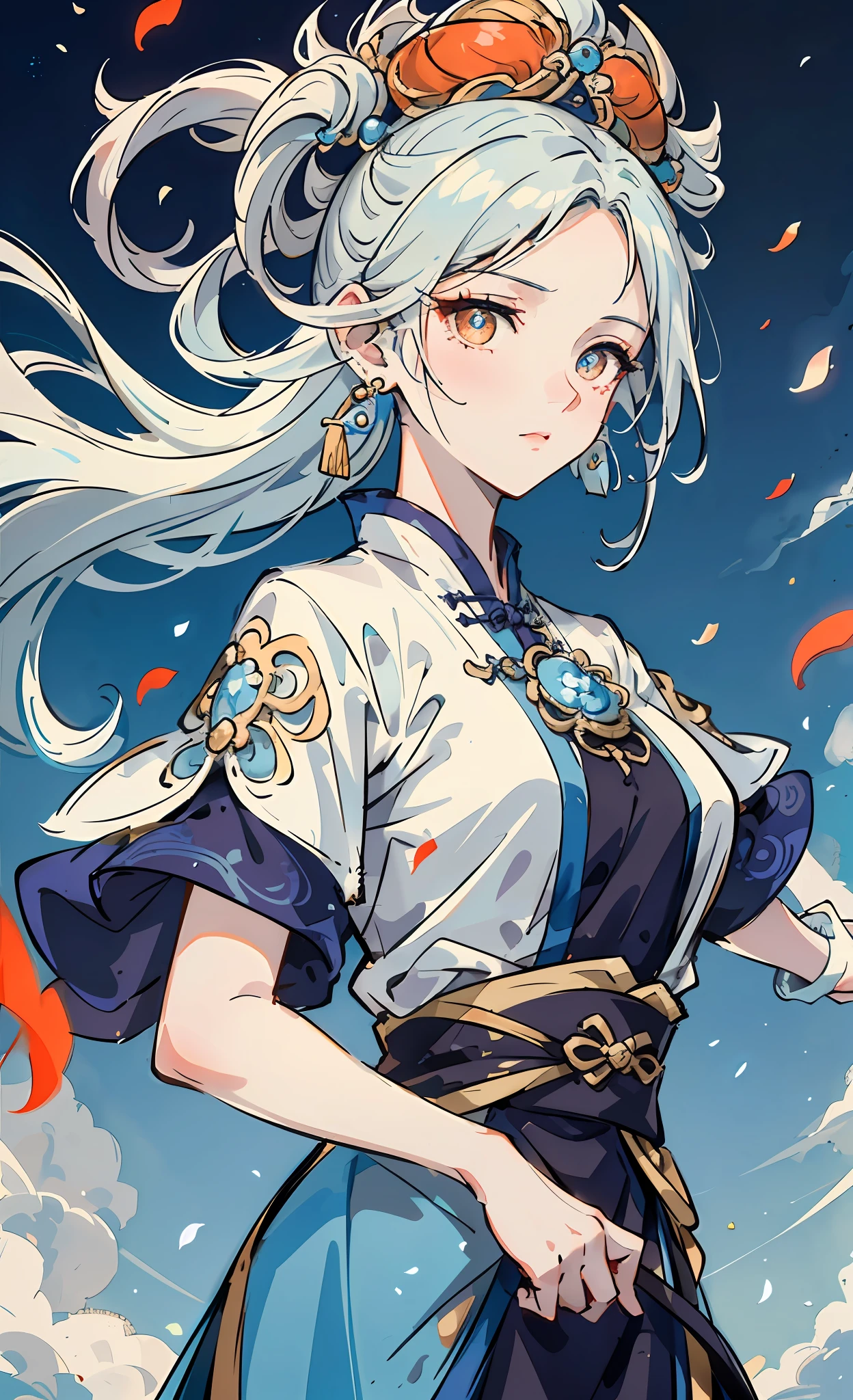 Mature girl , dark orange eyes, blue and white hair color, floating hair, delicate and smart eyes, intricate damask hanfu, gorgeous accessories, wearing pearl earrings, fov, f/1.8, masterpiece, ancient Chinese architecture, blue sky, flower petals flying, front portrait shot, Chang'e, side lighting, sunlight on people, 8K