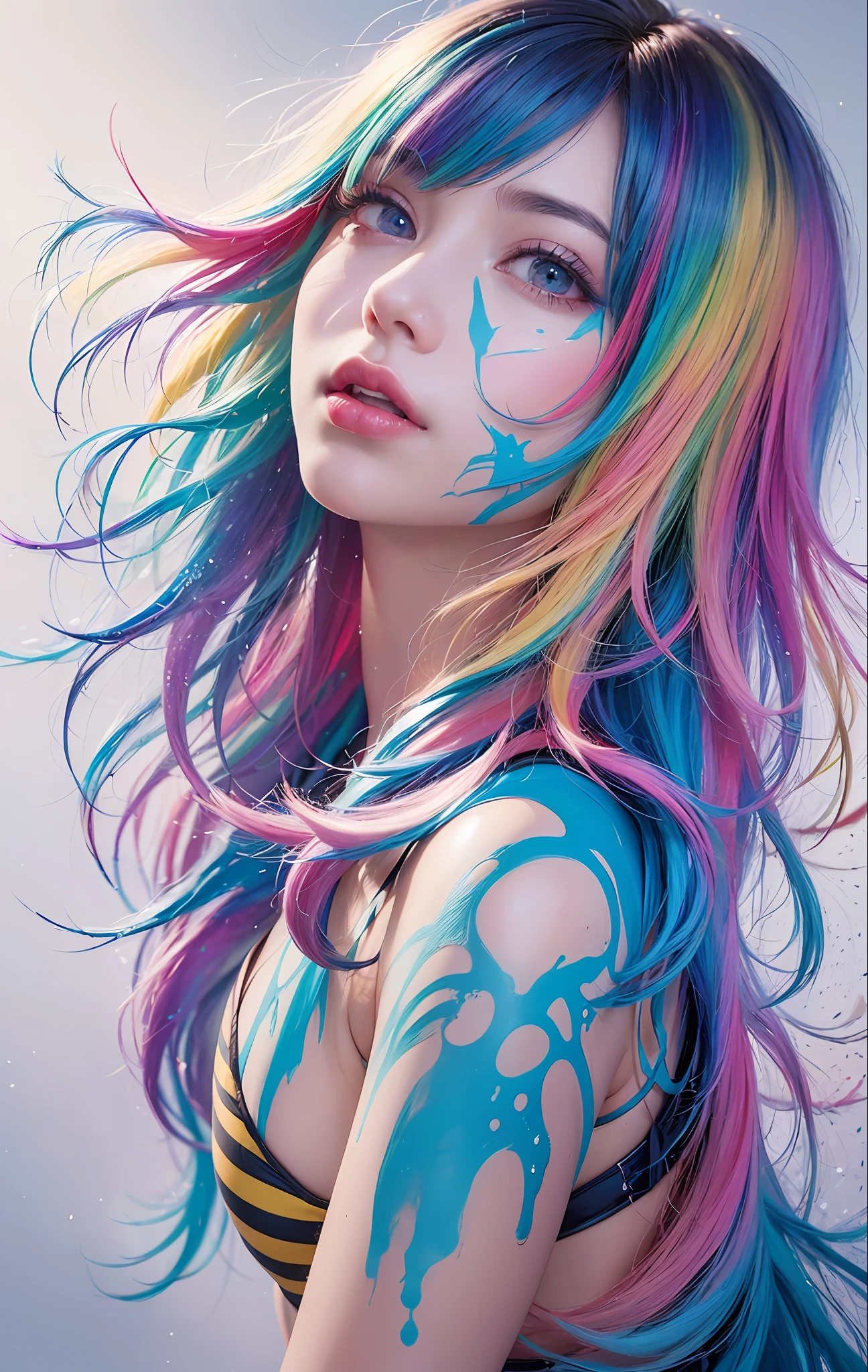 Full body portrait, standing, (colorful fashion ultra-small mini bikini: 1.9), (colorful hair: 1.8), (all colors of the rainbow: 1.8), (vertical: 1.6))), (painting, painting, portrait), cartoon, illustration, painting, large, crystal clear eyes, (rainbow gradient high ponytail: 1.7), exquisite makeup, mouth closed, (small fresh(1.5), (Big: 1.6), long eyelashes, looking at the audience, big watery eyes, (iridescent hair: 1.6), color splash, (solo, :1.8), color splash, color explosion, thick paint style, messy lines, ((sparkling)), (colorful), (colorful), colorful, colorful, chic paint style, (splash) (color splash), vertical painting, upper body, paint splash, acrylic pigment, gradient, paint, best quality, best quality, masterpiece, , solo, , depth of field, face paint, colorful clothing, (elegantly: 1.2), gorgeous,long hair, wind, (elegantly: 1.3), (petals: 1.4), (Masterpiece,)))), (highest quality)))), (( ( Ultra detailed)), ( Illustration), (Dynamic Angle), (((Floating)), (Paint), (disheveled hair)), (Solo,), (1 girl), (Detail anima face))), (((Beautiful Detail Face)), Collared, Bare shoulders, Gray hair, (((Colorful hair)), ((Striped hair)), Beautiful Detailed Eyes, (Gradient Color Eyes), (Colorful Eyes)), ( High saturation)))), (((surrounded by colorful splashes))),