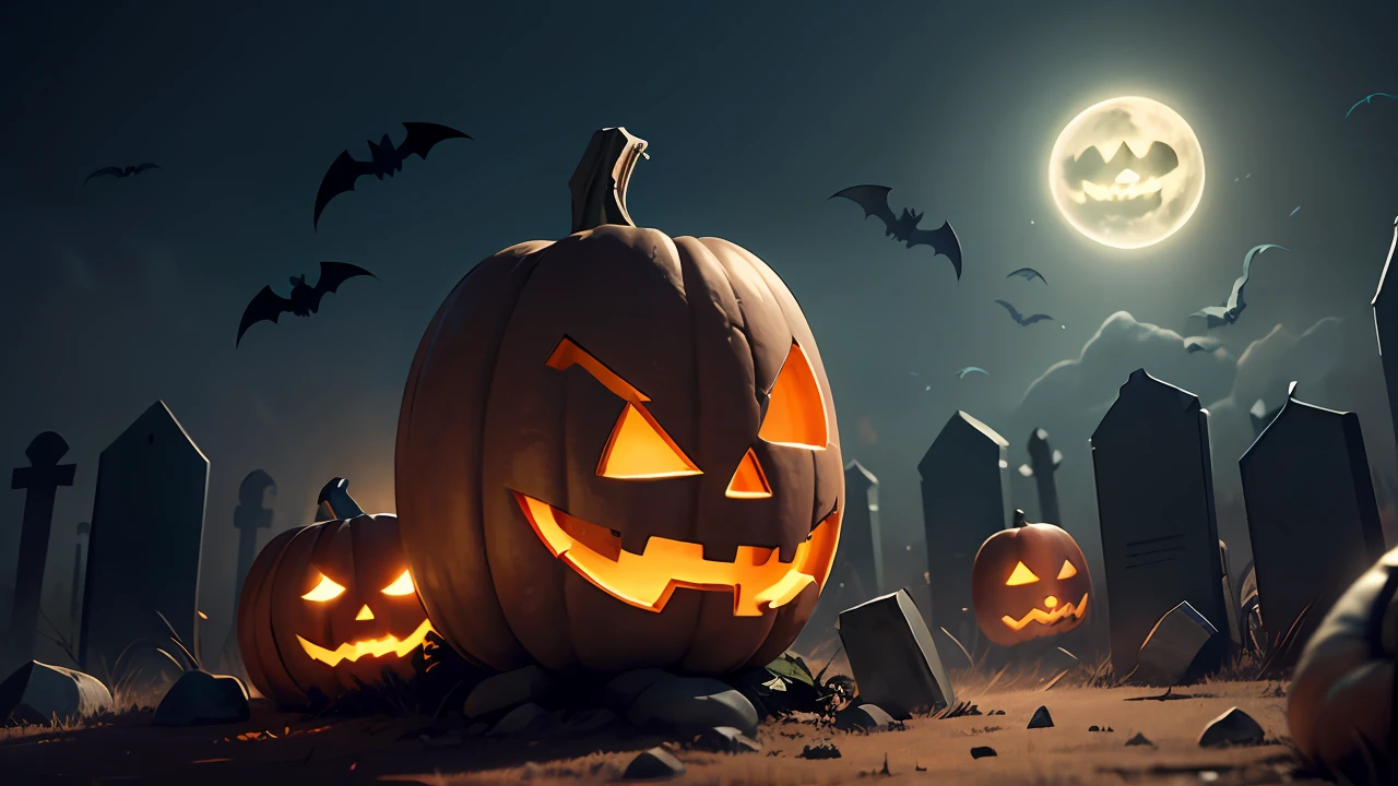 Halloween poster, wide graveyard, skeletons, bats, dim, realistic ray tracing