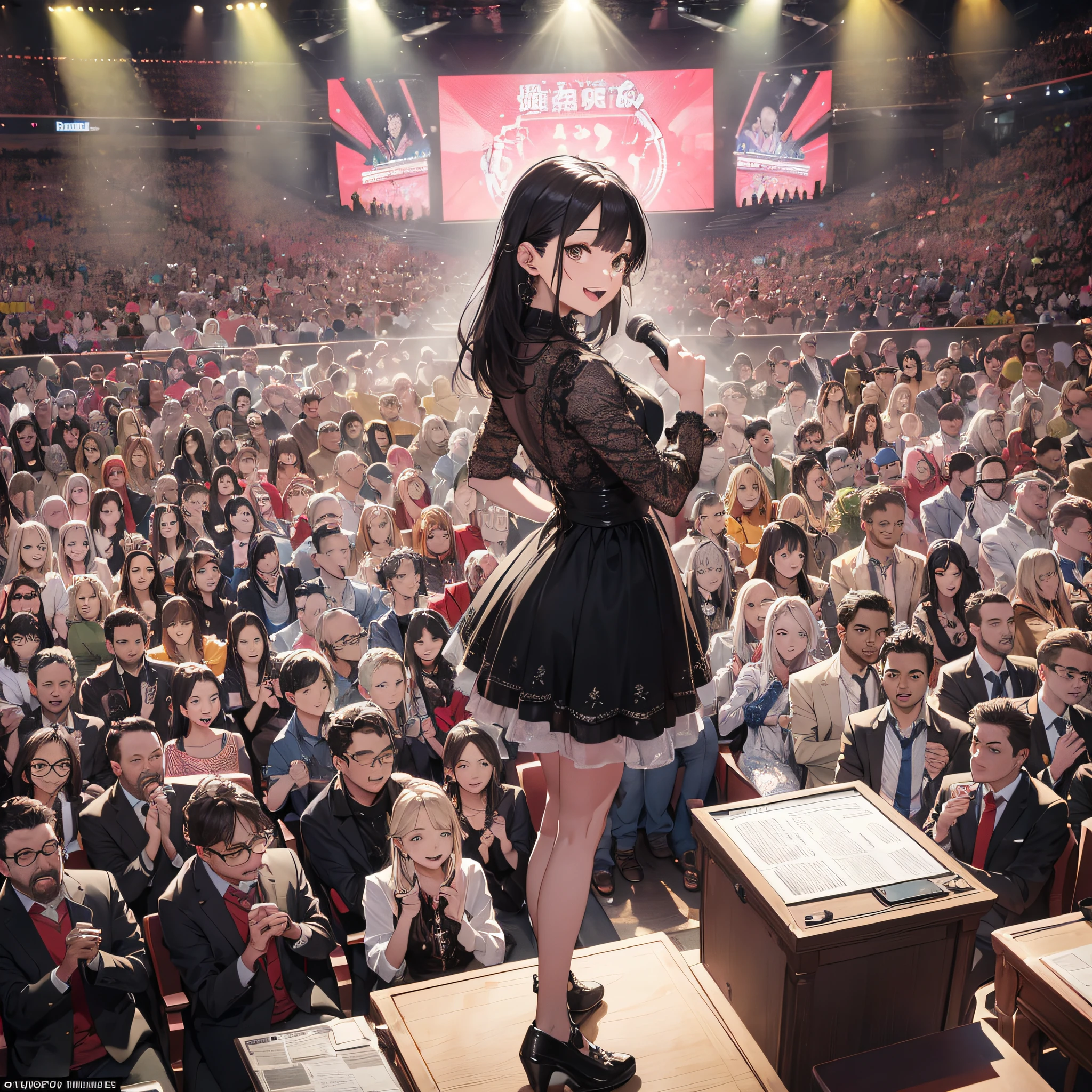 Absurd resolution, high resolution, (masterpiece: 1.4), hyper-detailed, stand-up comedy audience looked at the stage, laughed and had happy expressions