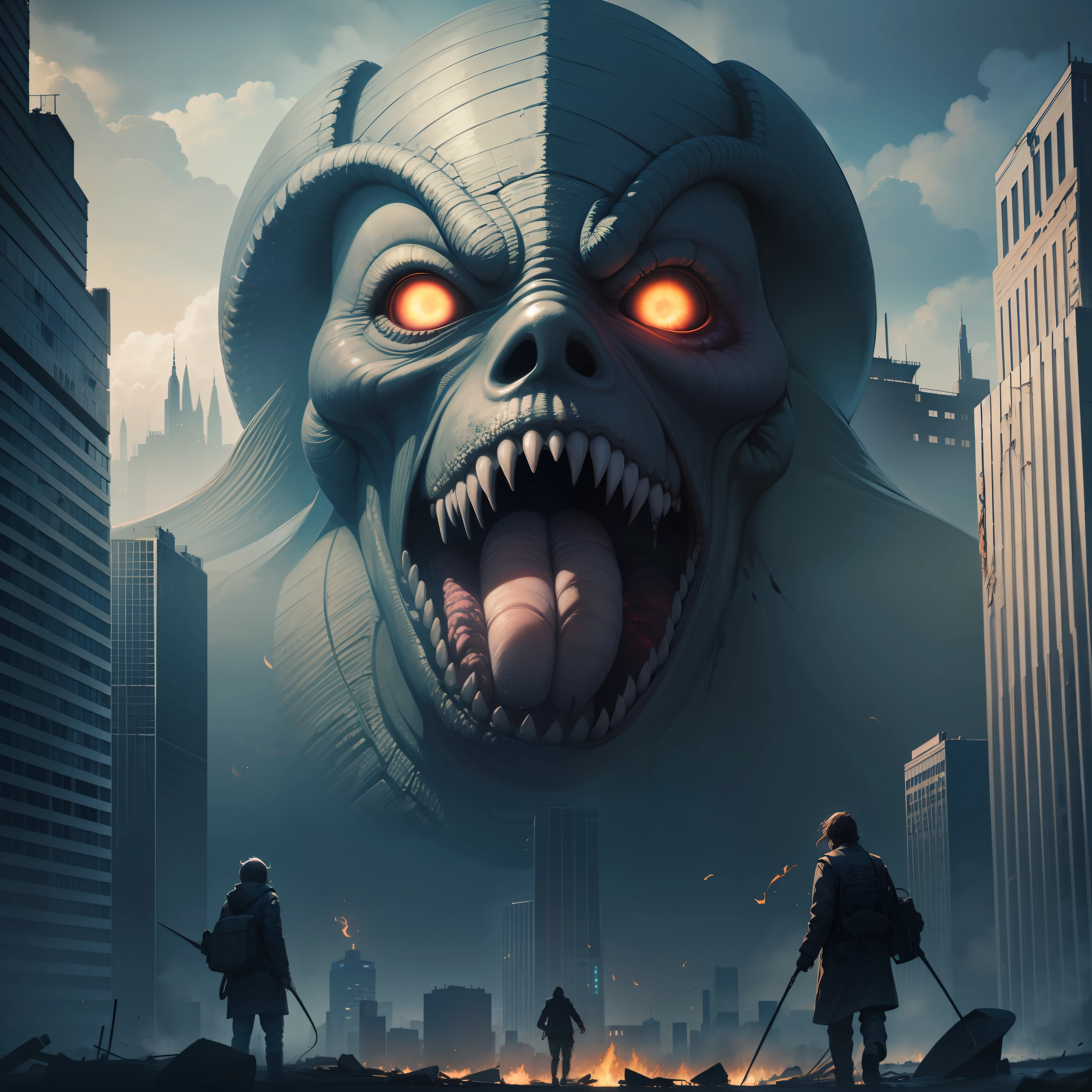 (Masterpiece, Best Quality), High Resolution, (8K Resolution), Center, (Ultra Detailed), Cthulhu, Dark Wind, Dark Creatures, The Evilest Incarnation, Huge monsters as tall as skyscrapers between the buildings of the city, sharp and terrifying teeth and claws destroying houses, mutilated and rotten limbs, deep-sunken dark little eyes, deformities, hunting winds, ruins of urban buildings, flames, fearful people running away, atmosphere full of despair, infinite darkness, hyper-realistic, more details, low saturation, realism, Photo texture, epic picture