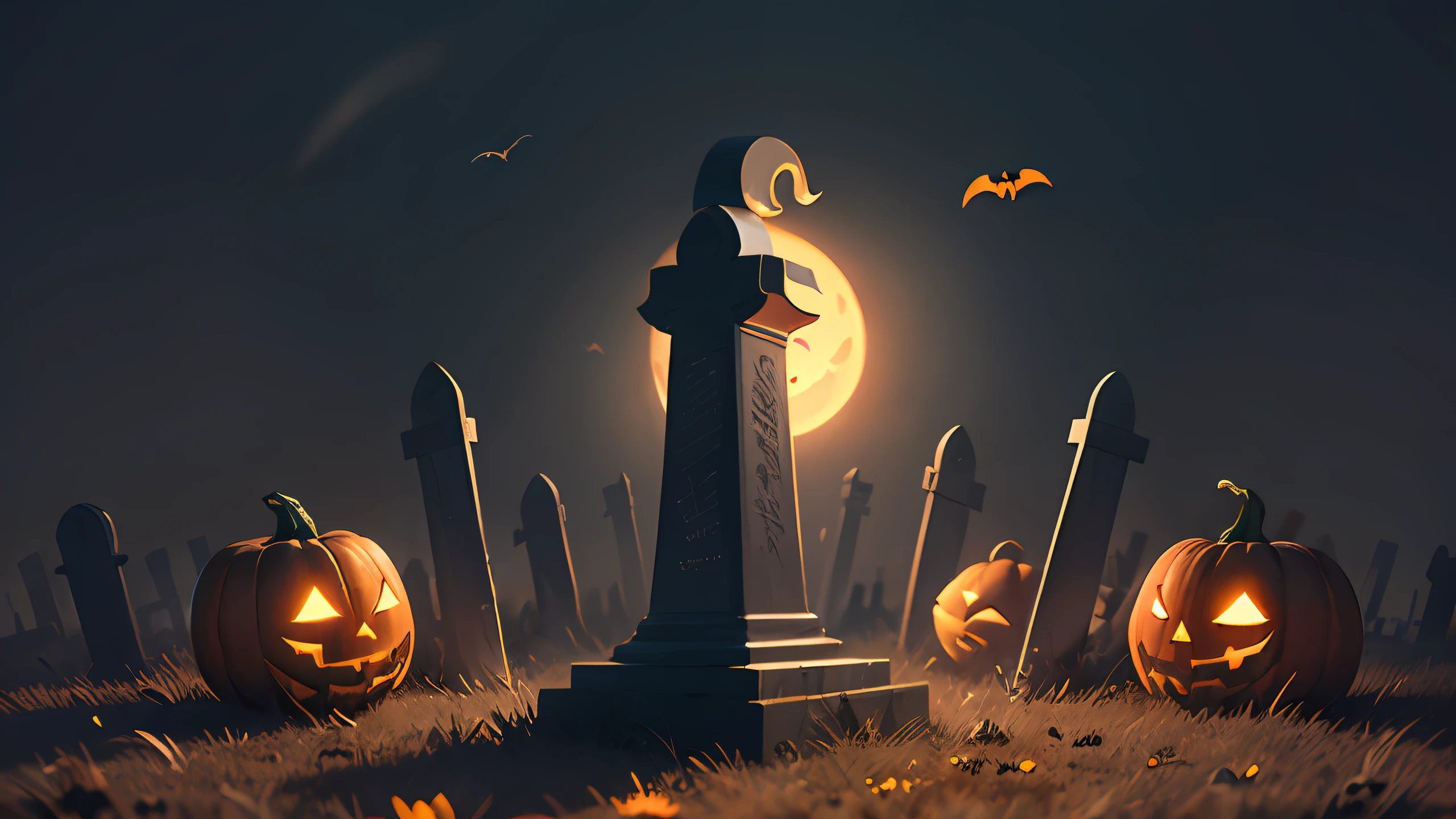 Halloween poster, wide graveyard, skeletons, bats, dim, realistic ray tracing