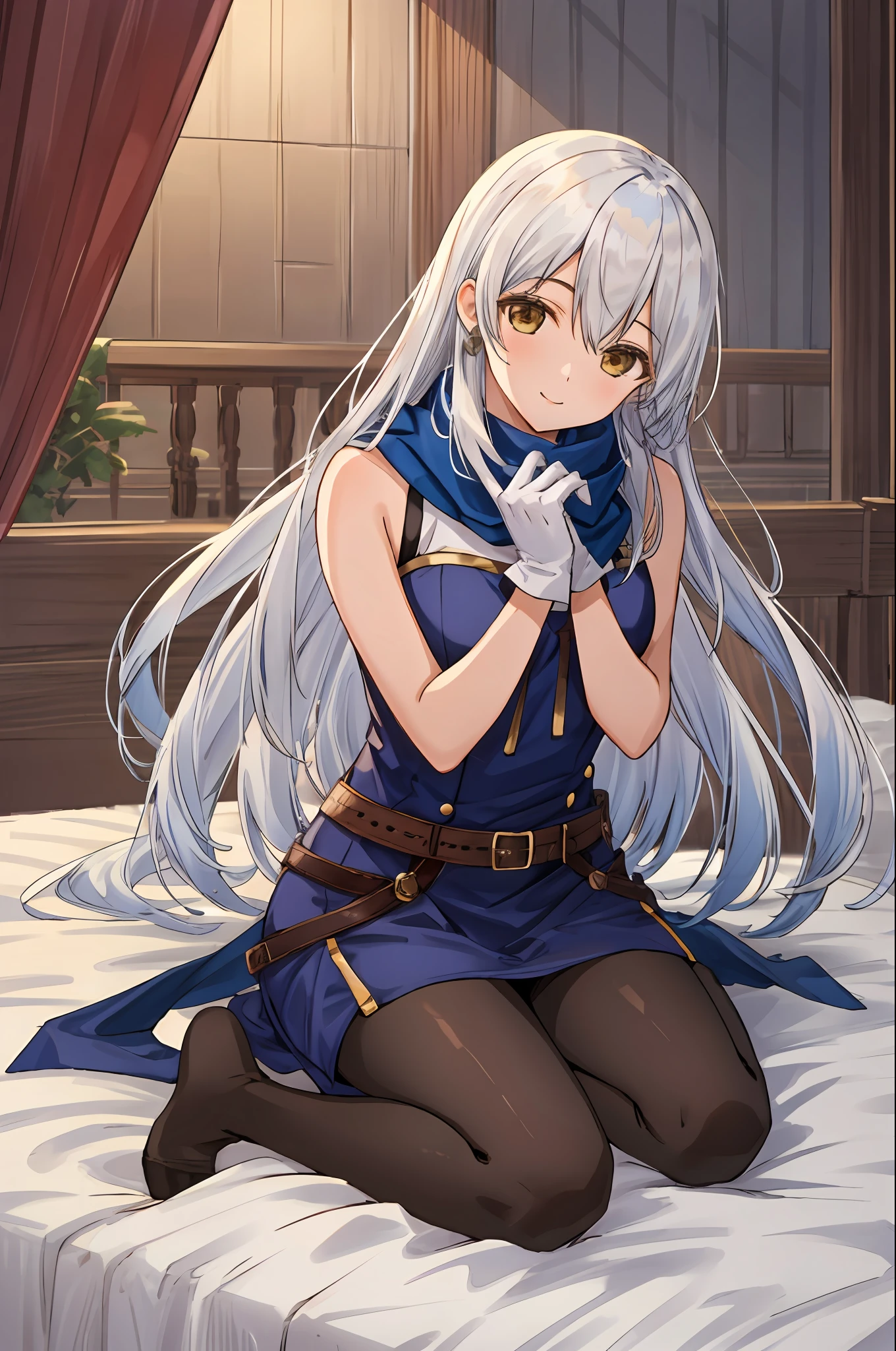 micaiah fe, 1girl, solo, looking at viewer, sitting, seiza, on bed, seductive smile, dress, bare shoulders, ribbon, pantyhose, gloves, belt, blue scarf, sleeveless, gloves, thick thighs, brown stockings