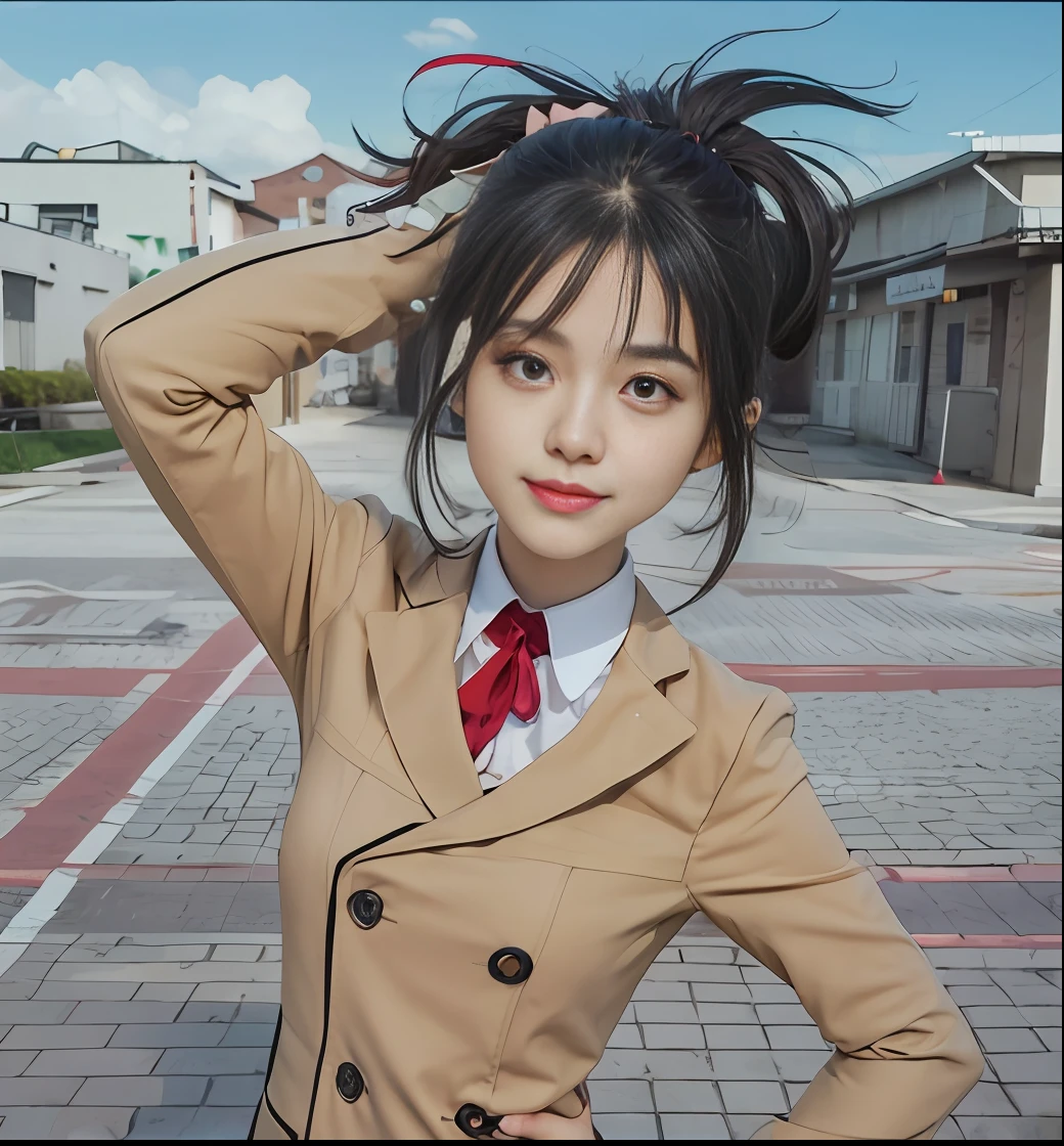 Anime character with black hair and brown coat pointed to the camera, anime girl named Lucy, inspired by Ryusaburo Umehara, Rumiko, anime style", as an anime character, inspired by Yunichi Hiratsuka, Kagekyo Killer Reborn, from the Hidden Academy, inspired by Munakata Shimitsu, big brown eyes, hair tied up, red headband, pursed mouth, smile