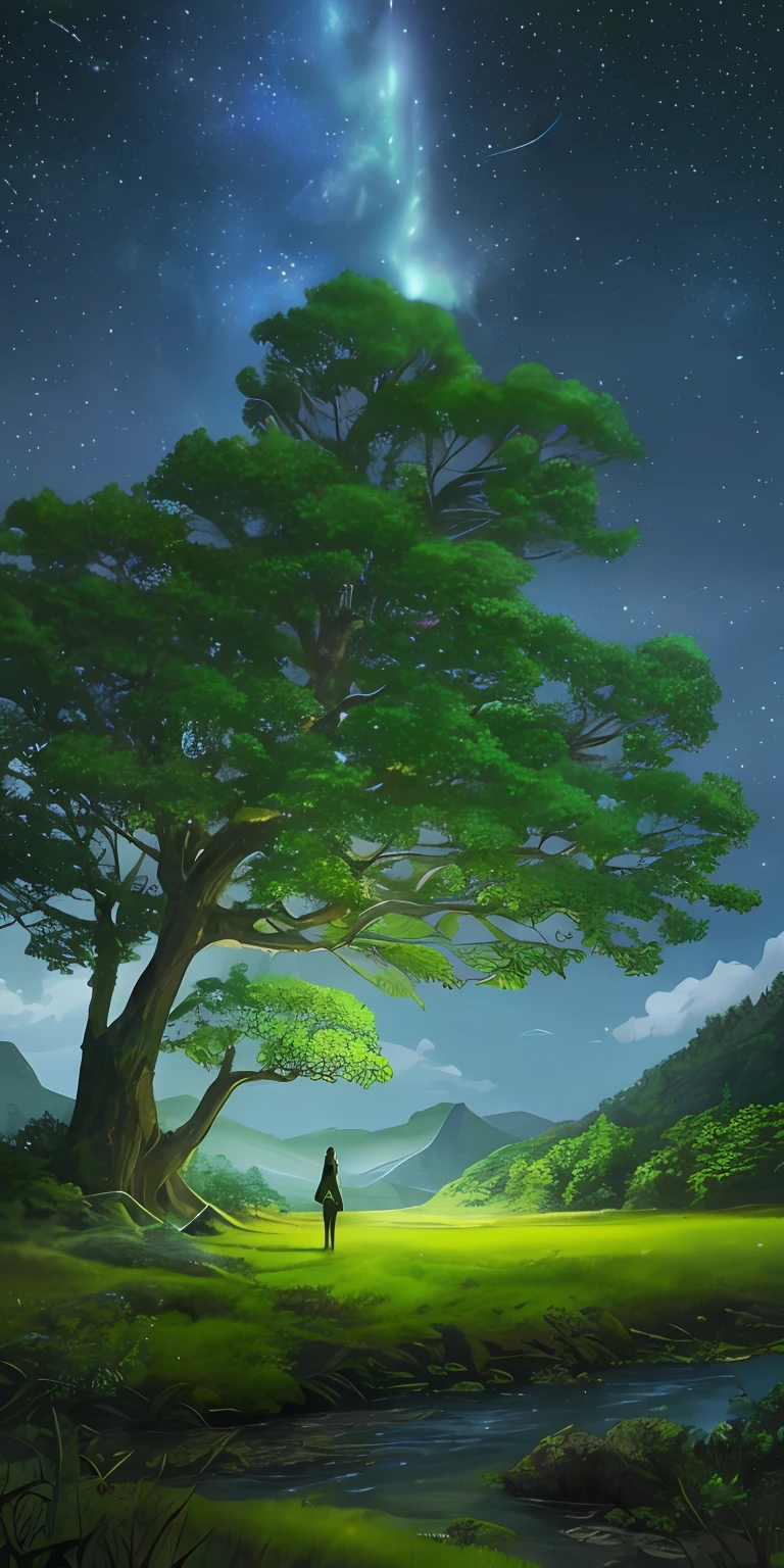 Illustration of a surreal, otherworldly, hyper sky scene including a giant crystal tree full body, highly detailed and magical lighting, intricate forest details, vegetation and surrounding river, solar punk, landscape, giant tree , beautiful green leaves, beautiful lighting and realistic proportions, as if this is a movie background, 8k, highest quality, masterpiece, clouds and stars in the sky.