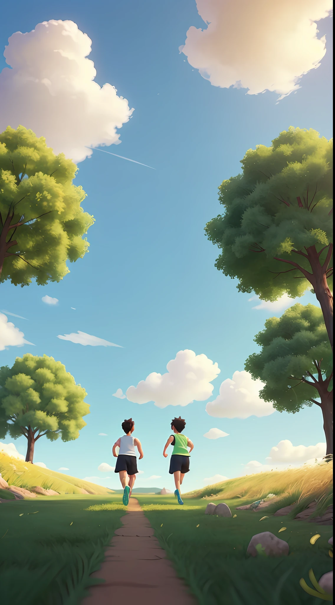 The Chinese man and woman run together on a vast, open lawn, their backs to the camera and their matching sportswear glistening in the sunlight. The blue sky and fluffy white clouds create a serene and peaceful backdrop in the style of Shinkai Makoto. As they run towards the horizon, the sense of freedom and escape is palpable, as if they are leaving the troubles of the world behind and heading towards a brighter future. The blades of grass sway in the gentle breeze, and the distant trees create a sense of depth and perspective. The image captures the beauty and simplicity of running, and the joy of being in motion and feeling alive., 8k, best quality, ccurate