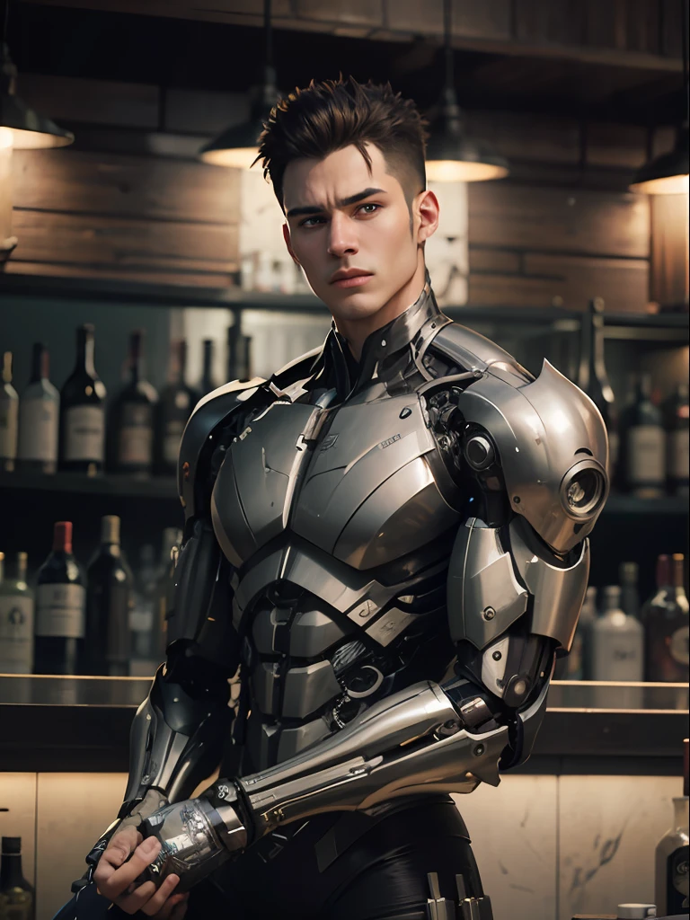 arafed male in a suit standing in a bar with a bottle of alcohol, movie still of a cool cyborg, movie still of a villain cyborg, cyborg fashion shot, movie still of a cyborg, a teen biopunk cyborg, cyborg fashion model, male cyborg, cyborg male, cyborg body, gynoid cyborg body, human like a cyborg