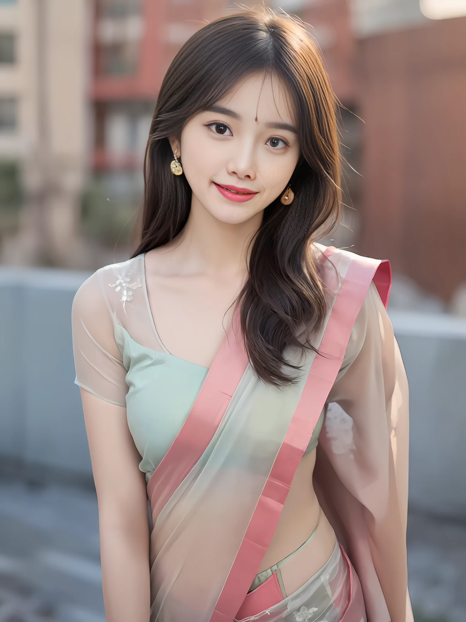 ((12-14 Years Old Pretty young Indian female Beautiful Realistic Korean idol wearing saree:1.4)), medium short hair style,dressed saree, simple white background room, natural light, extremely realistic, 8k, (((beautiful cute face girl))),insane details, intricate cinematic color graded,Color Grading, Editorial Photography, Photography,sharp focus, taken with a 60mm lens, ISO 300, f/4, 1/200th , ((standing at front of background:1.3 )), (masterpiece:1.4), (8k, photorealistic, RAW photo, best quality: 1.4), beautiful face, (realistic face), (ultra-detailed), (best illustration), shadow), ultra-high res,(detailed face:1.2),beautiful hairstyle, realistic eyes, detailed skin,beautiful skin,shiny skin:1,), attractive, ultra high res, long hair, highly detailed, golden ratio, (Best quality,32k, Masterpiece, UHD:1.2),soft circle earrings, ((full body)),professional soft lighting, light on face,straight from front,looking viewer,(((seductive smile,full-face blush,blush,body blush:1.4))),(sexy erotic poses:1.5) ,(slime girl, slim legs,),((wear glasses)), eyes,good-looking,beautiful face,red lip,blush,long hair,perfect skin,realistic skin texture,detailed texture,(fair skin,Soft skin),(beautiful girl blushing cheeks :1.2),