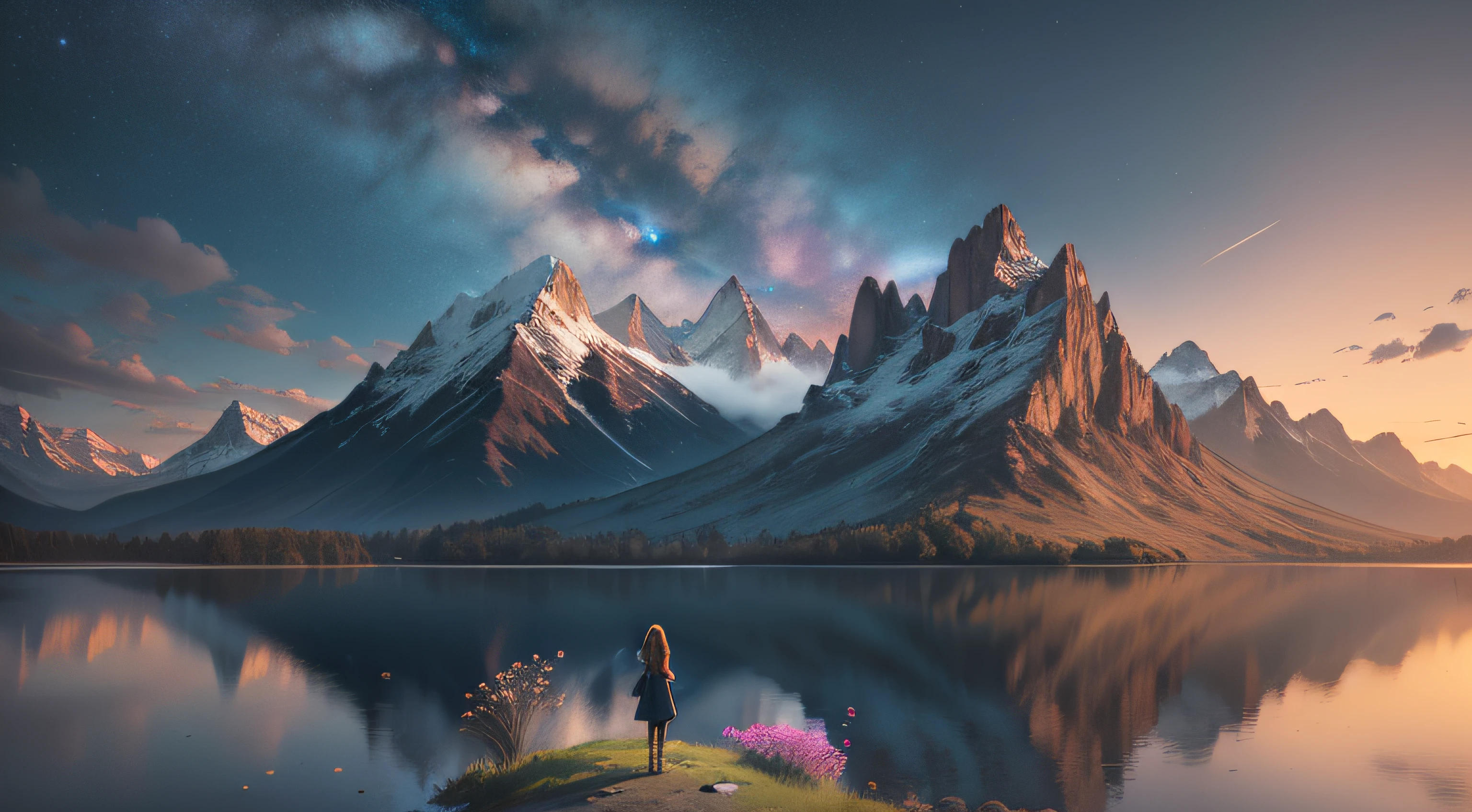 1girl, Golden Dream Starry Sky，Distant mountains，A crystal clear lake，Fluorescent lake surface，The grass is full of flowers，landscape photography by Marc Adamus，realistic, 8K, ultra-wide angle, panorama, 3D,Ultra HD, high pixel,HD