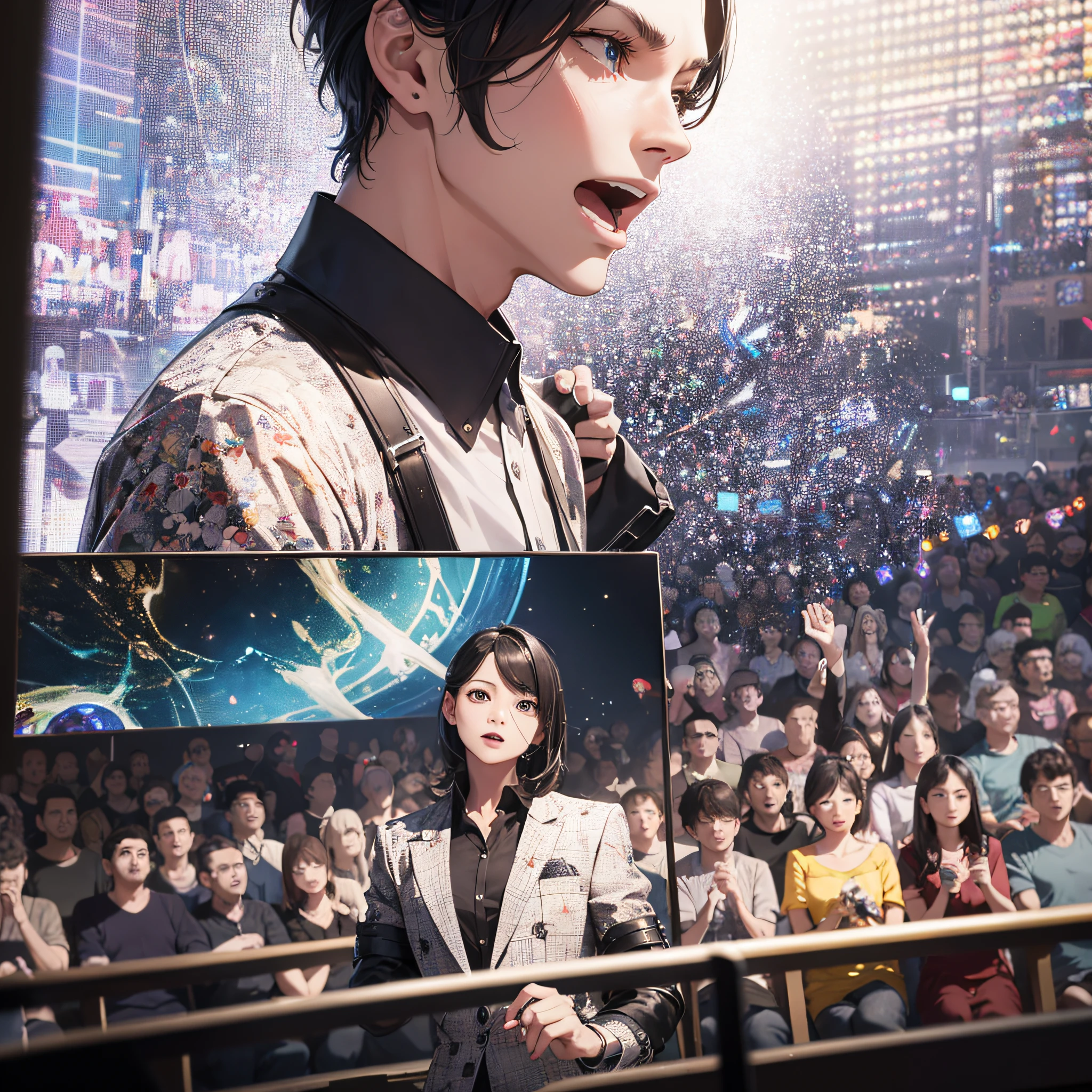 Absurd resolution, high resolution, (master masterpiece: 1.4), hyper-detail, stand-up comedy audiences look at the stage with serious expressions