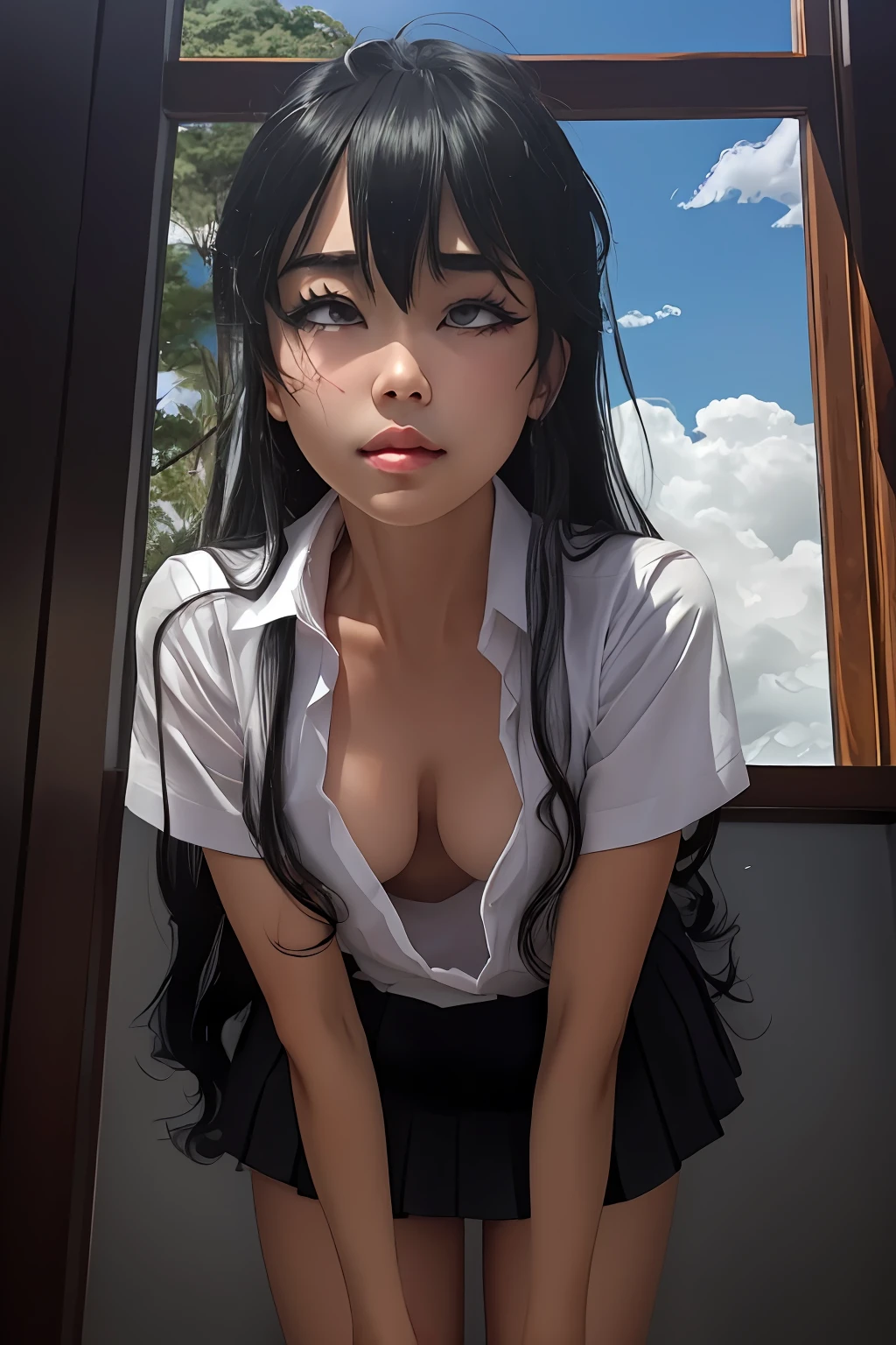 (masterpiece:1.2, best quality), 1girl, (make her yukino yukinoshita:1.5), slim, slender, green eyes, sharp eyes, small_breasts, flat_chest, leaning forward, facing viewer, from below, white shirt, pleated skirt, areola slip, down blouse, embarrassed, (ahegao:1.5), legs apart, on her knees, very long black hair, ^ ^, school