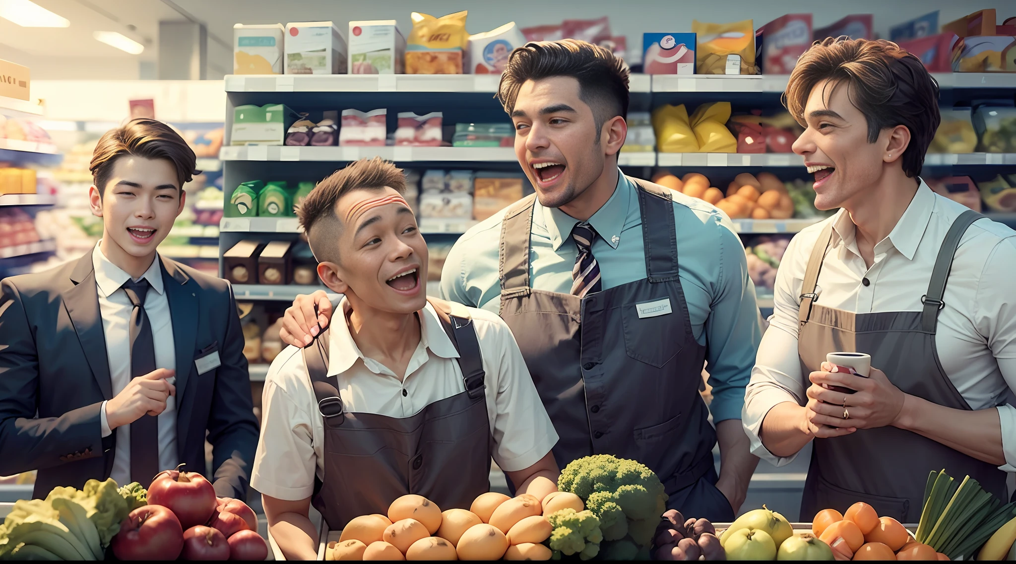 A middle-aged man and a group of young men in supermarket uniforms laughed