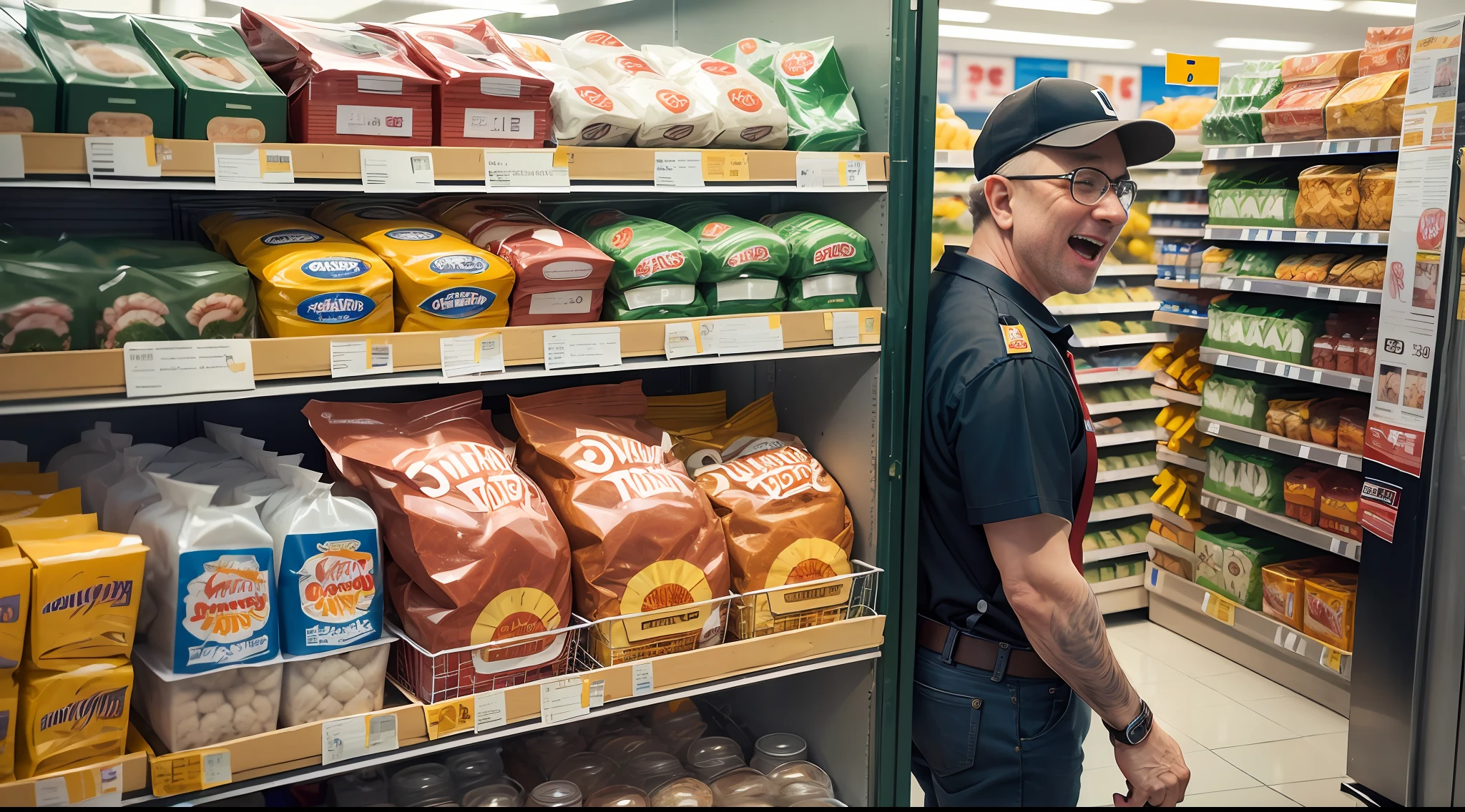 A middle-aged man and a group of young men in supermarket uniforms laughed