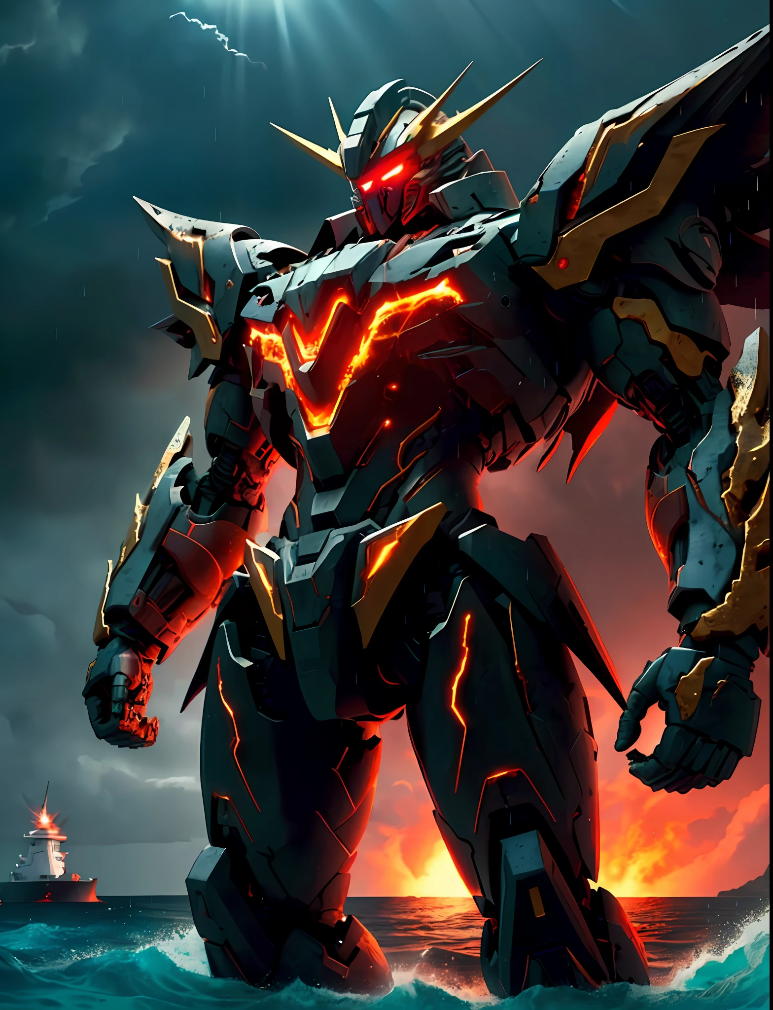 ((masterpiece)), (((best quality))), ((ultra-detailed)), ((illustration)), mecha,sunrise,sunlight,ocean,fire cloud,((night)),((dark)),dynamic angle,red,gold body, red eyes,cowboy shot, ((solo)), mecha, looking at viewer,standing, weapon,v-fin,(from side), mechanical head, Cannon,glowing, spikes, ,realistic,rim light, (Moody Lighting:1.2), ((Volumetric Lighting:1.2)),dark,((strong Lighting:1.4)),glowing eyes, ((standing on sea:1.2)), ((rain)),((broken)), ,aqua