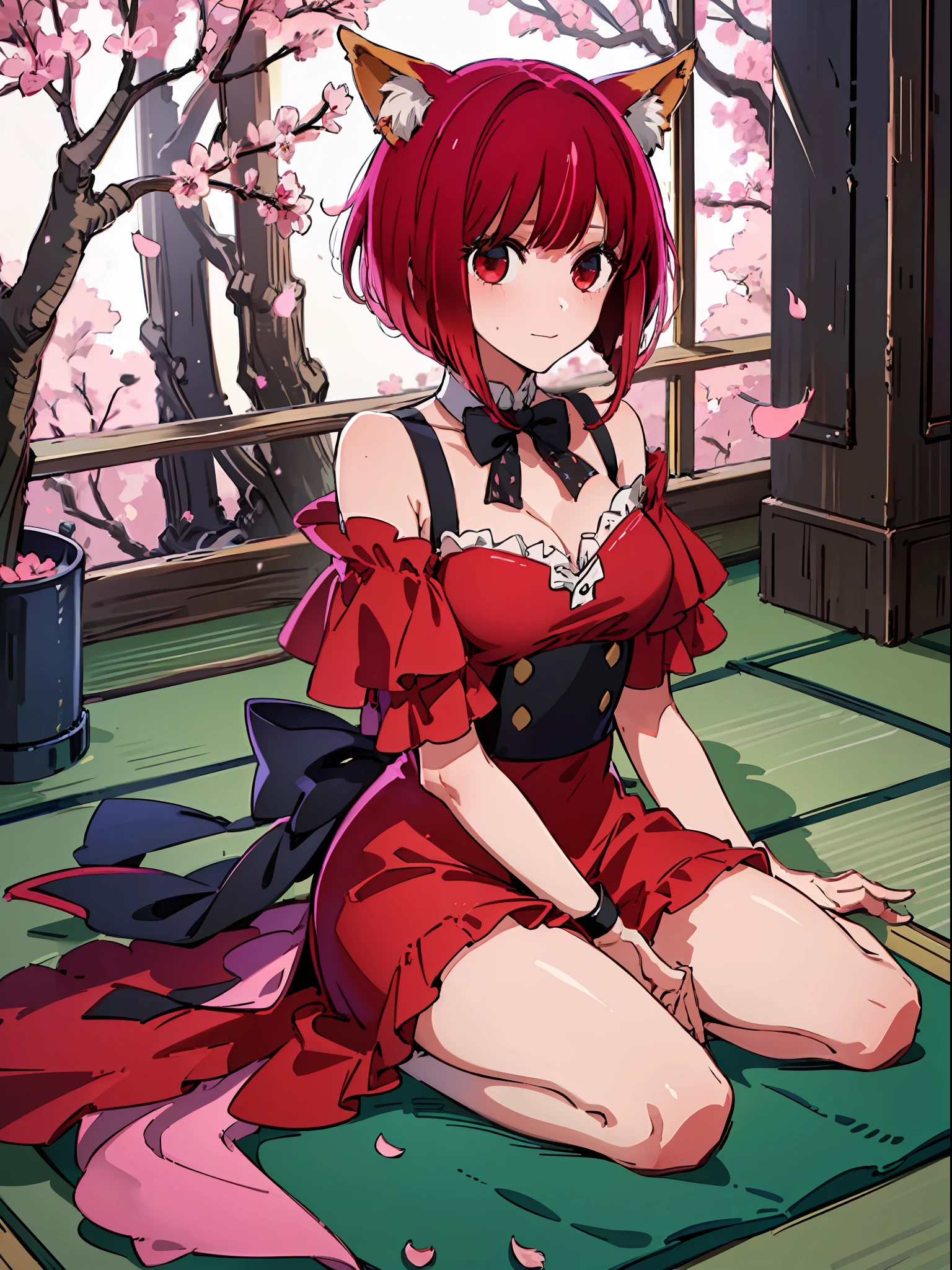 Anime girl in red dress sitting on a mat with a cat ears - SeaArt AI