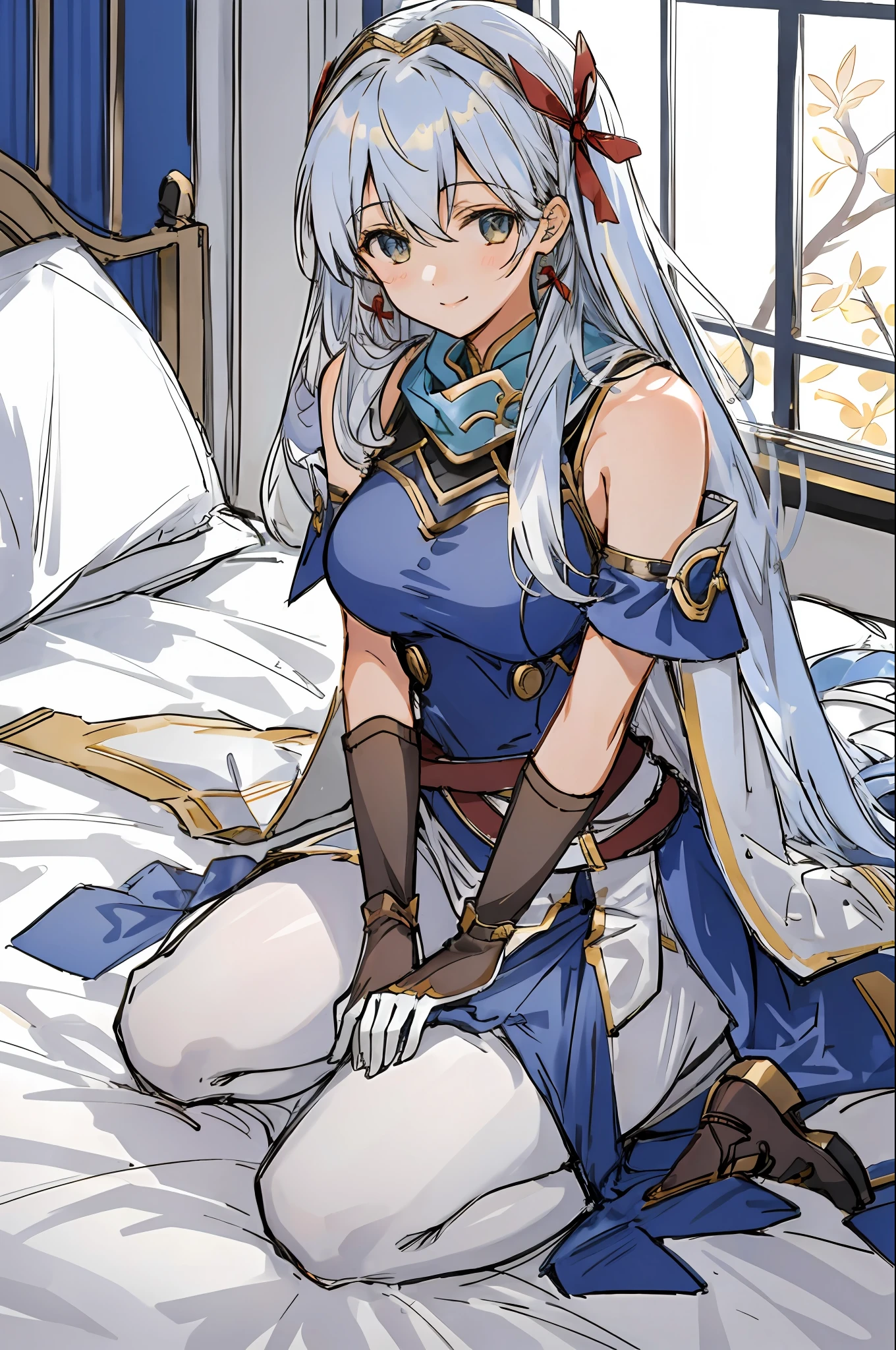micaiah fe, 1girl, solo, looking at viewer, sitting, seiza, on bed, seductive smile, dress, bare shoulders, ribbon, pantyhose, gloves, belt, blue scarf, sleeveless, gloves, thick thighs