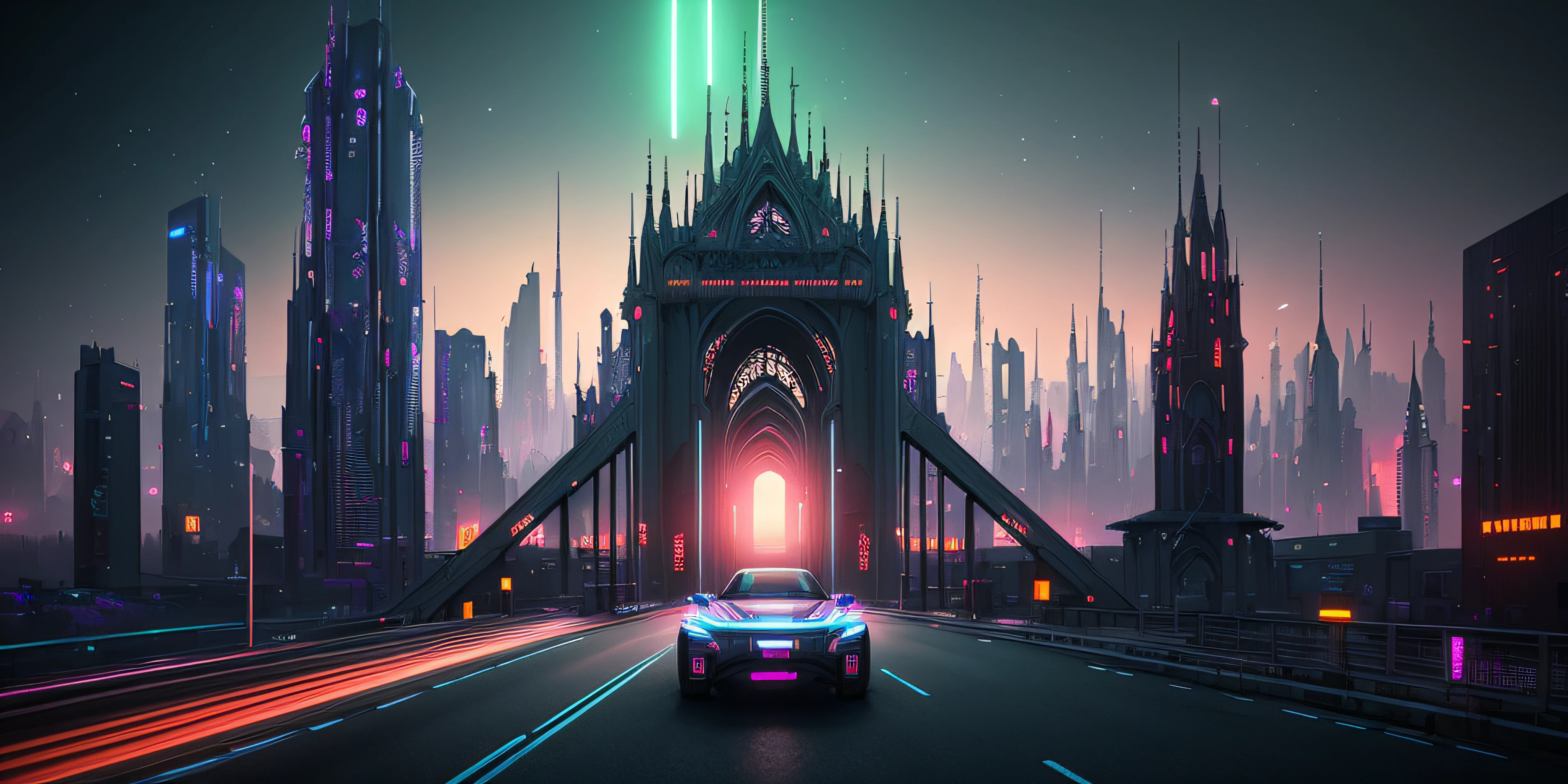 futuristic city with a futuristic tower and a bridge at night, arstation and beeple highly, cyberpunk castle, futuristic castle, futuristic palace, huge futuristic temple city, 3 d render beeple, artgem and beeple masterpiece, cyberpunk cathedral, beeple artwork, by Mike "Beeple" Winkelmann, in style of beeple