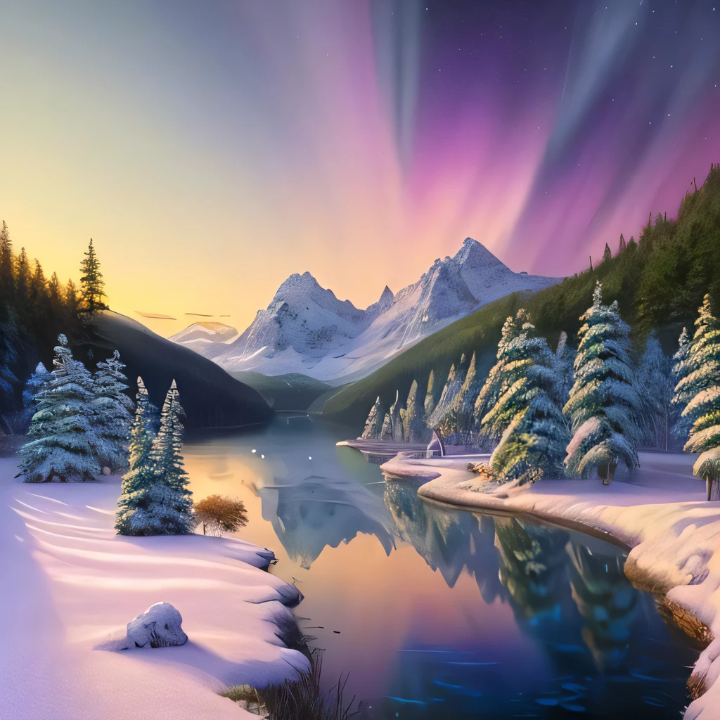 Scene Description: A winter landscape featuring the Northern Lights. The sky is lit up with vibrant colors of green and pink, illuminating the snow-covered ground below. In the distance, there is a frozen lake surrounded by snow-capped mountains.
Modifiers: Cold, ethereal, vibrant, highly detailed, sharp focus, majestic, mystical, aurora borealis, snow-covered mountains, frozen lake.
Artist or Style Inspiration: Art by Alexei Butirskiy, Ivan Shishkin, or Albert Bierstadt. Landscape paintings from the Romanticism or Realism art movements.
Technical Specifications: 4K UHD image, realistic textures, natural lighting, Unreal Engine 5.