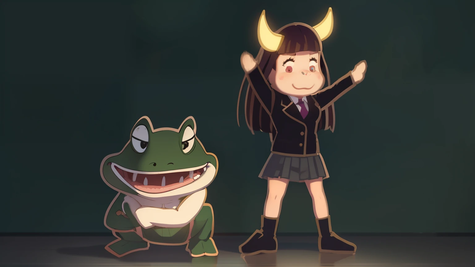 The frog squats in a suit with her hands folded, and the girl with long horns reaches out in a skirt to cheer