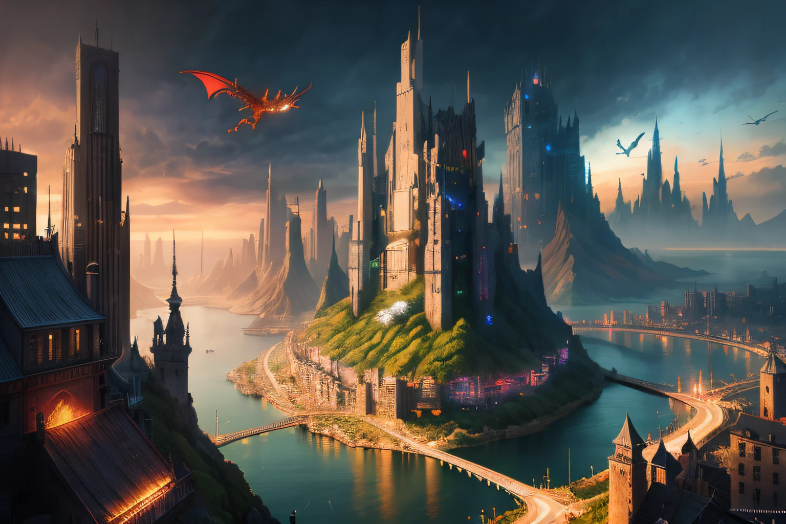 there is a dragon flying over a city with a bridge, 4k fantasy art, 8k fantasy art, fantasy cityscape, in fantasy sci - fi city, epic fantasy sci fi illustration, matte painting in fantasy style, high fantasy matte painting, illustration matte painting, futuristic castle, concept art 8 k, stylized urban fantasy artwork, fantasy matte painting