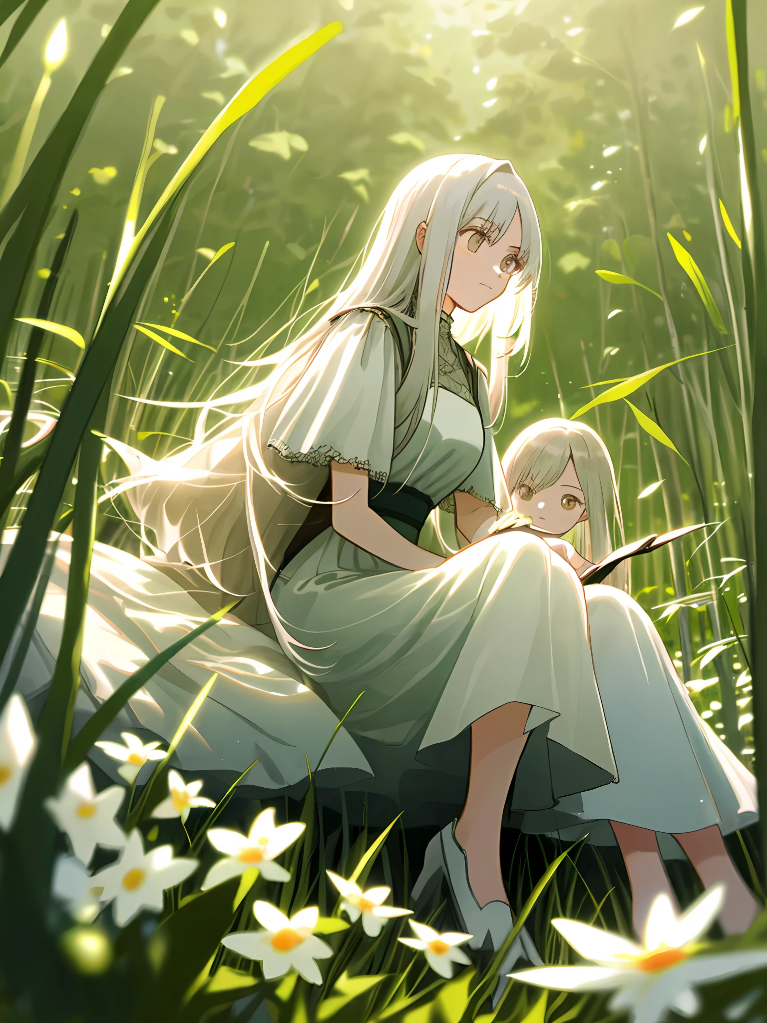 (Masterpiece, best quality), 2 long white haired girls sitting in a field of greenery and flowers, warm lights, white dress, blurred foreground