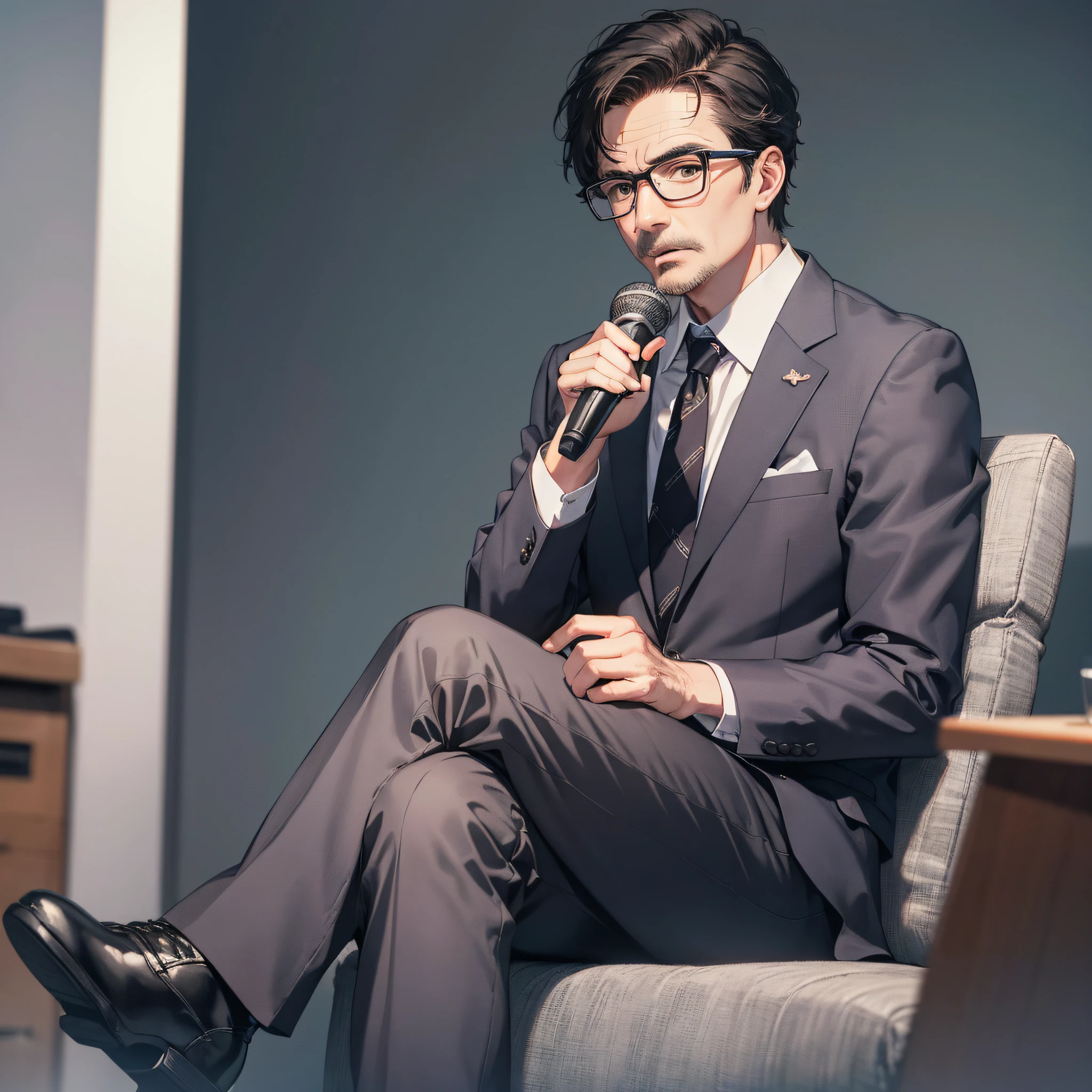 Absurd resolution, high resolution, (master masterpiece: 1.4), hyper-detail, talk show commentator, middle-aged male professor in suit, wearing glasses, sitting, holding a microphone, curious expression
